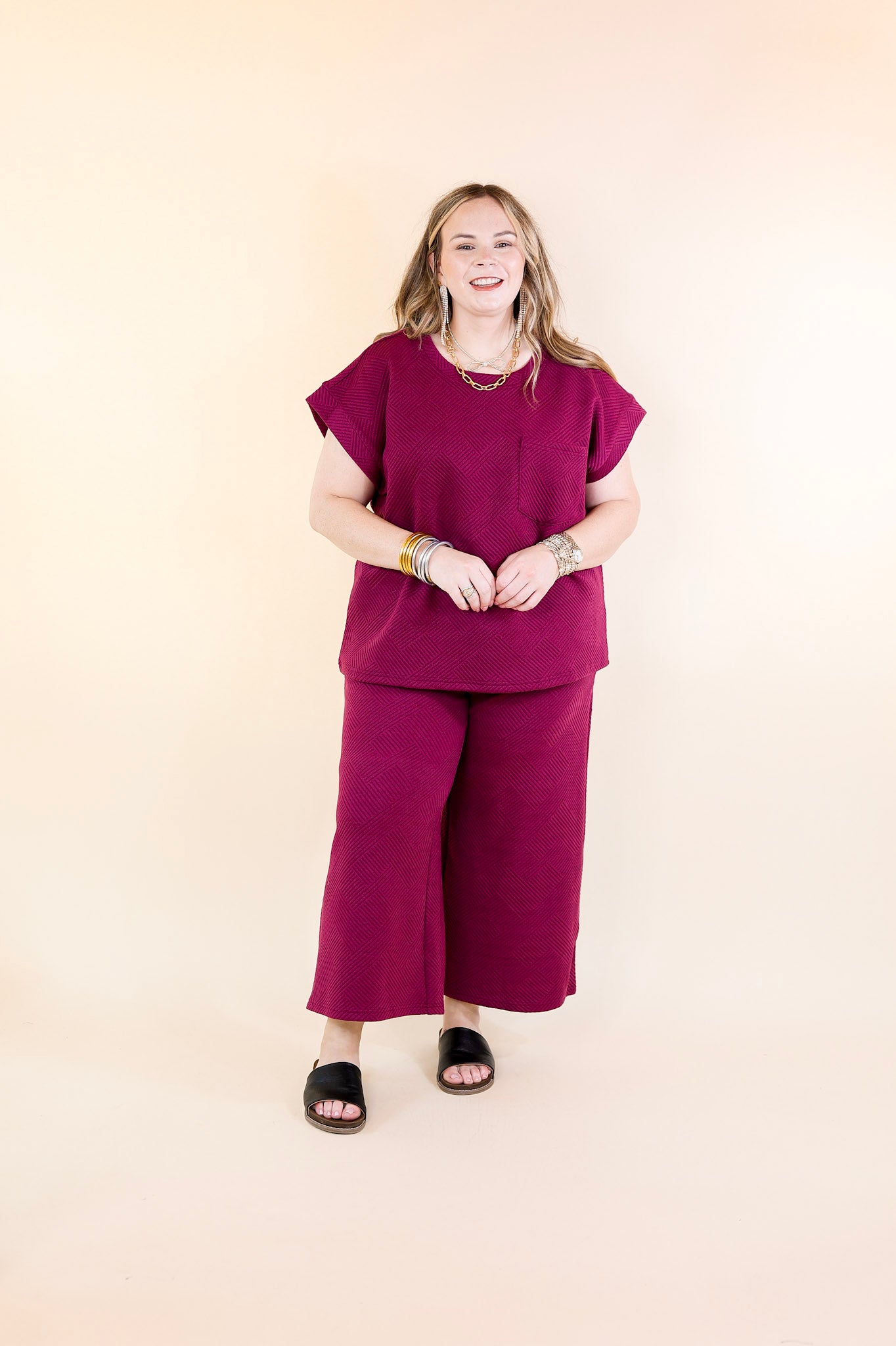 Glamour on the Go Textured Wide Leg Pant in Plum Purple