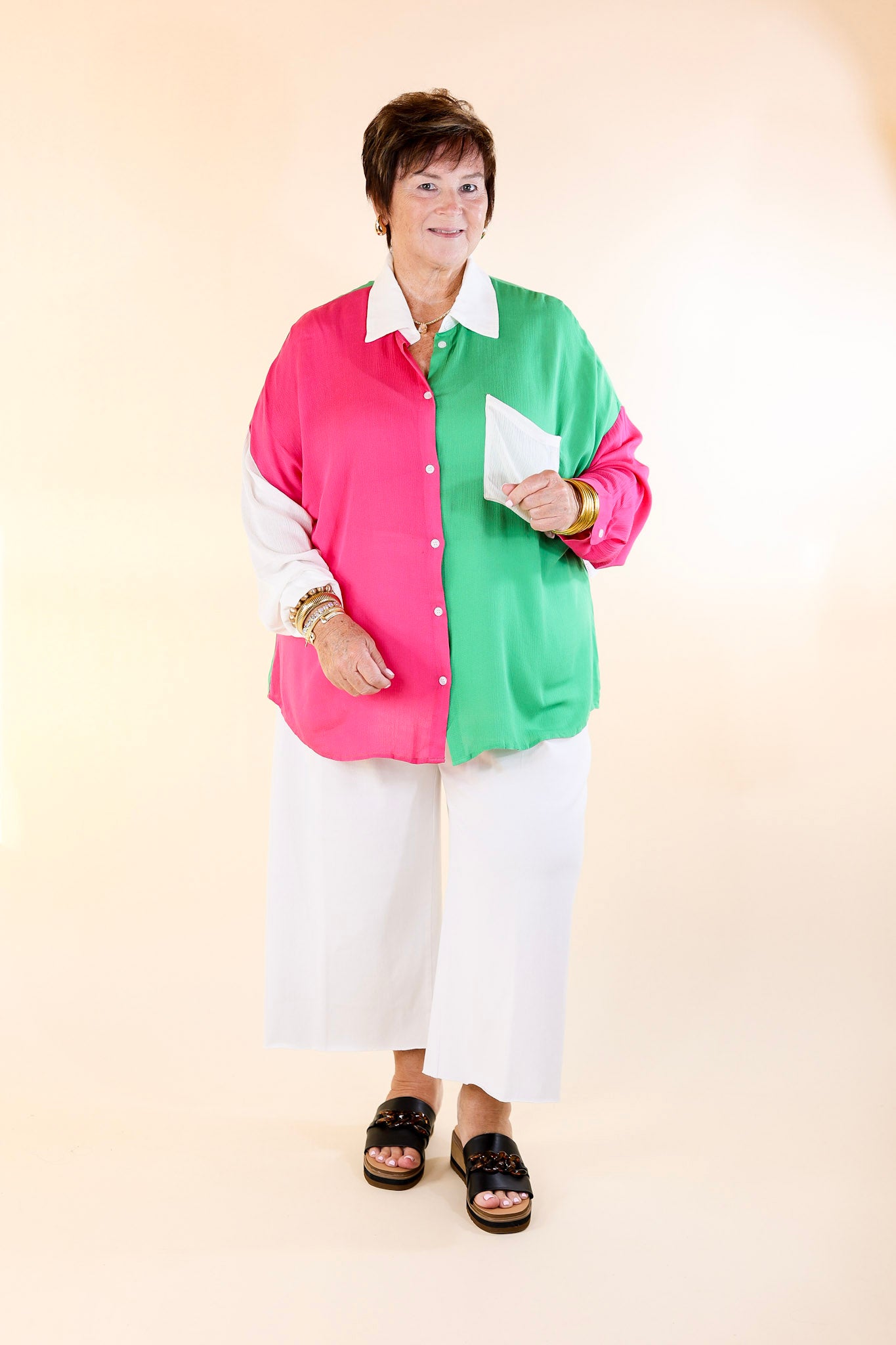 Marina Smiles Color Block Button Up Top in Pink and Green