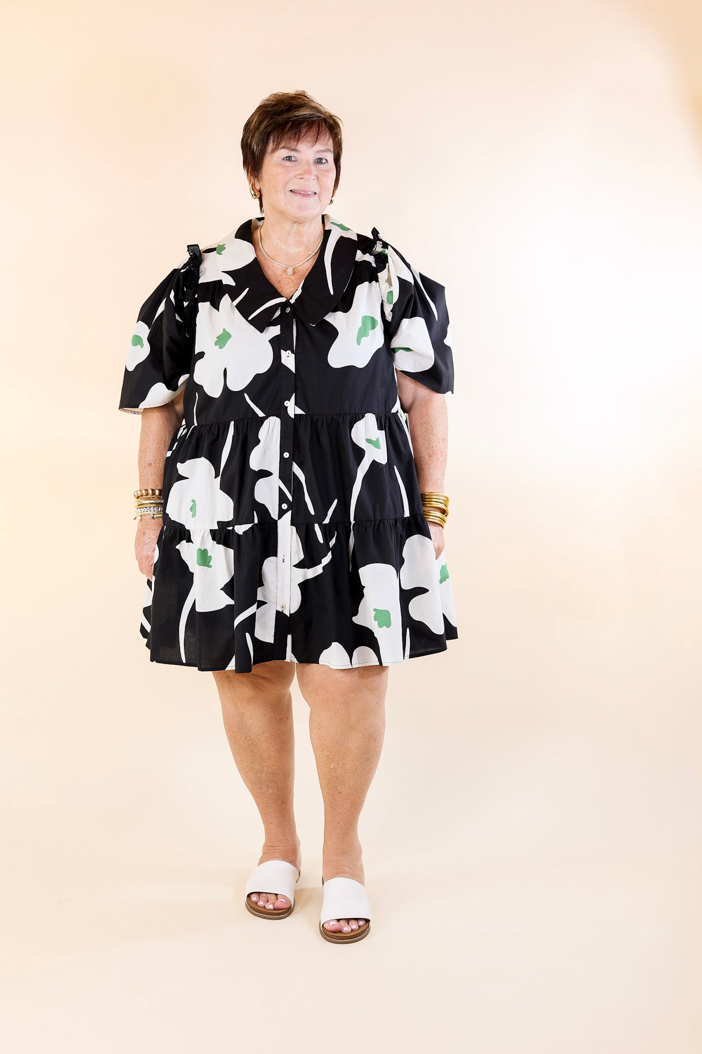 Dreamy Delight Green and White Floral Print Button Down Dress with Puff Sleeves in Black