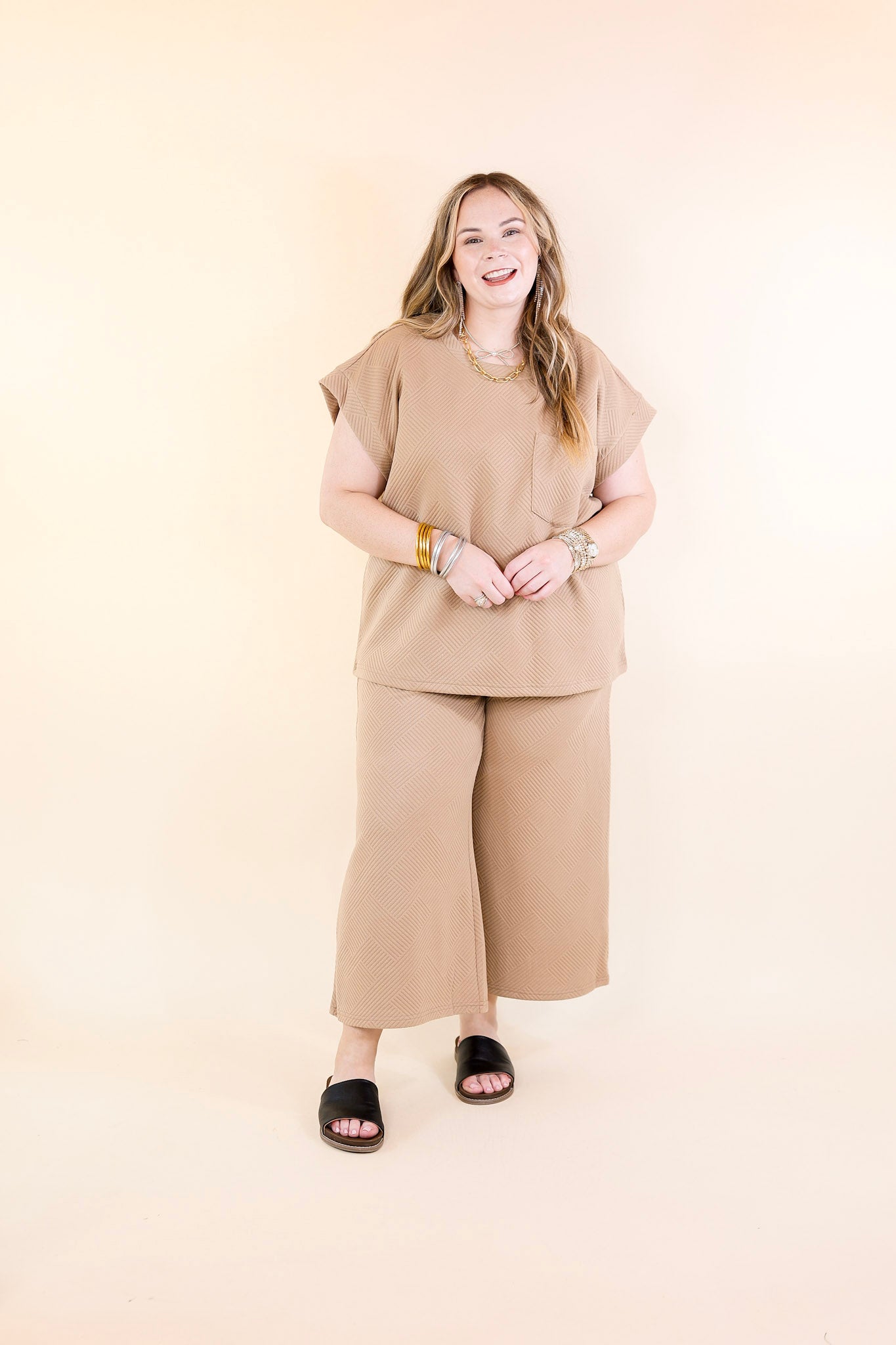 Glamour on the Go Textured Wide Leg Pant in Tan