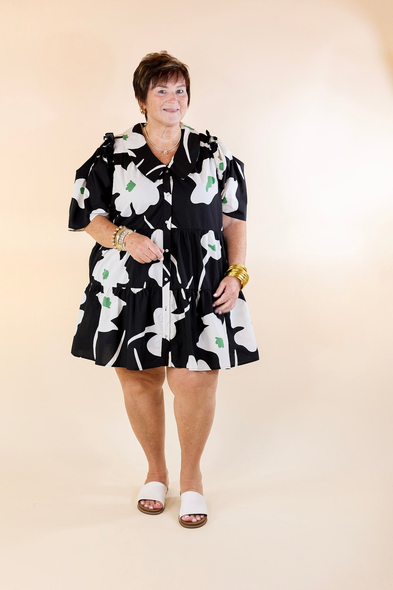 Dreamy Delight Green and White Floral Print Button Down Dress with Puff Sleeves in Black