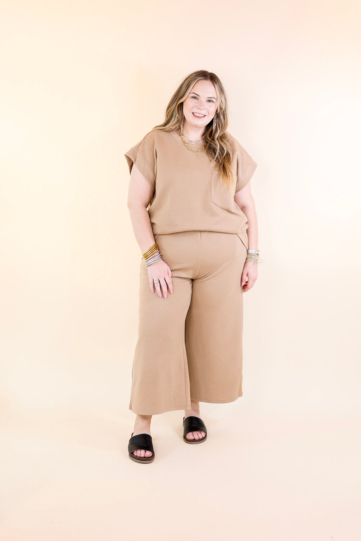 Glamour on the Go Textured Wide Leg Pant in Tan