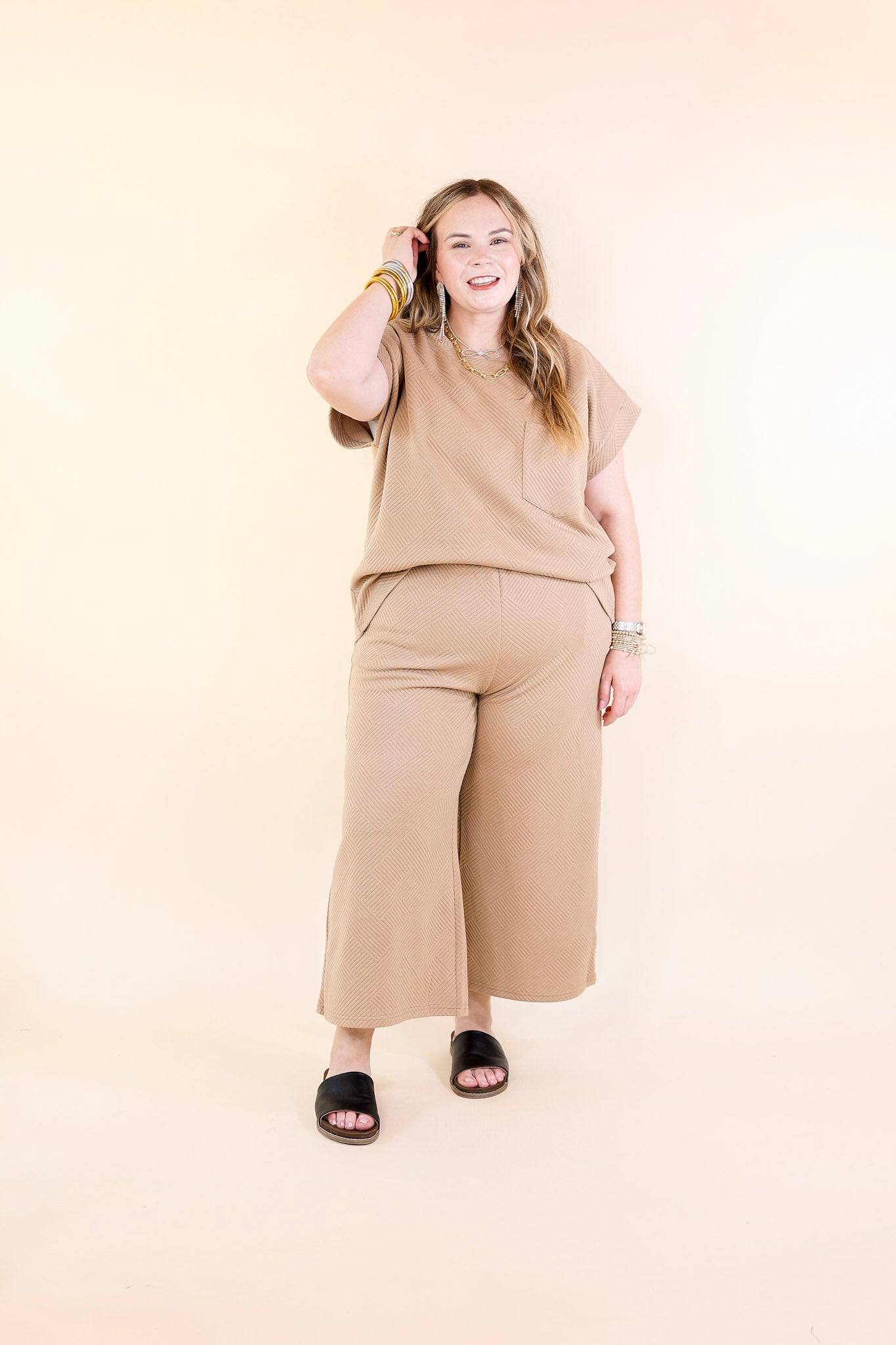 Glamour on the Go Textured Wide Leg Pant in Tan