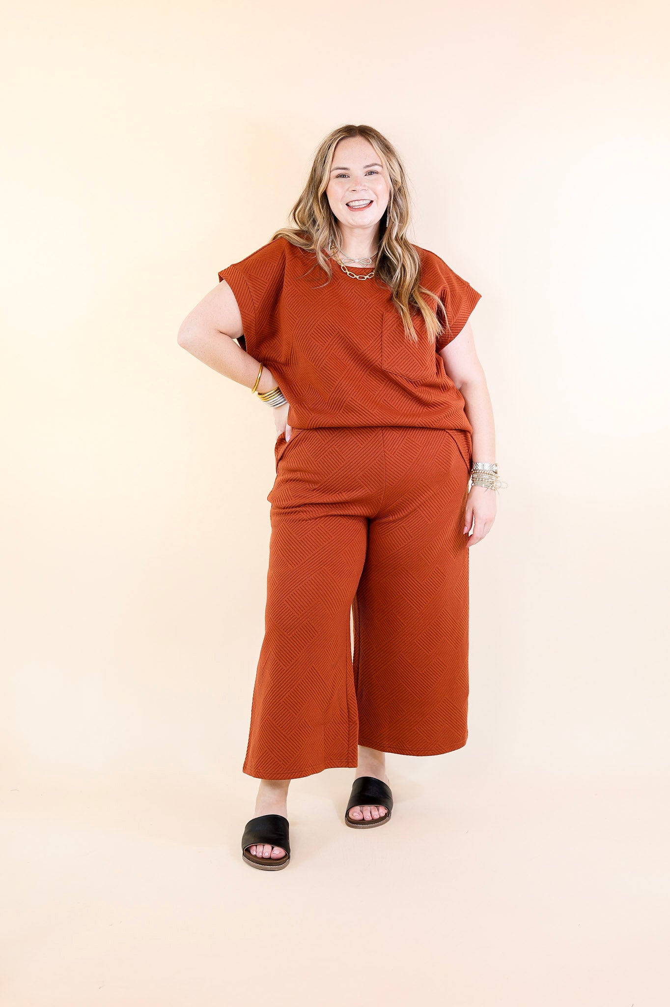 Glamour on the Go Textured Wide Leg Pant in Rust Orange