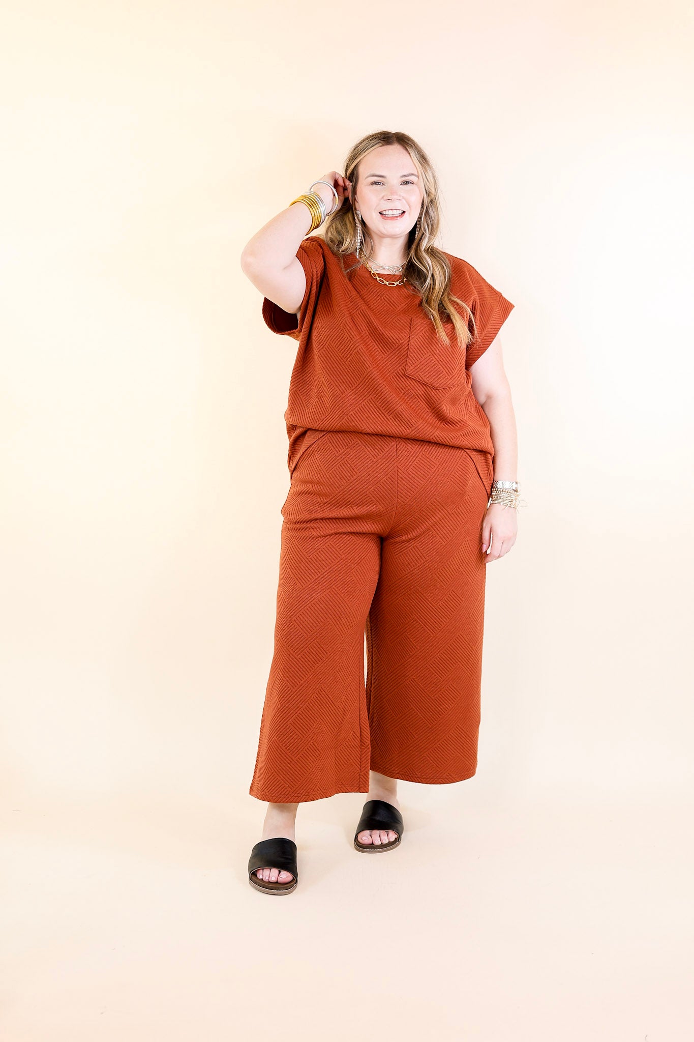 Glamour on the Go Textured Wide Leg Pant in Rust Orange