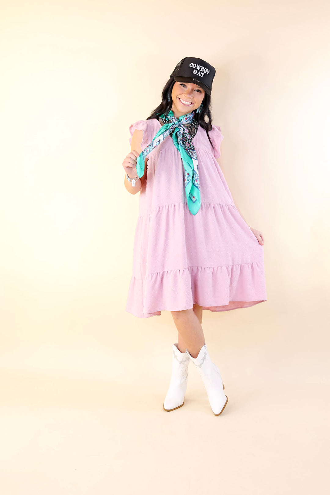 Real Romance Swiss Dot Tiered Dress with Ruffle Cap Sleeves in Mauve Pink - Giddy Up Glamour Boutique