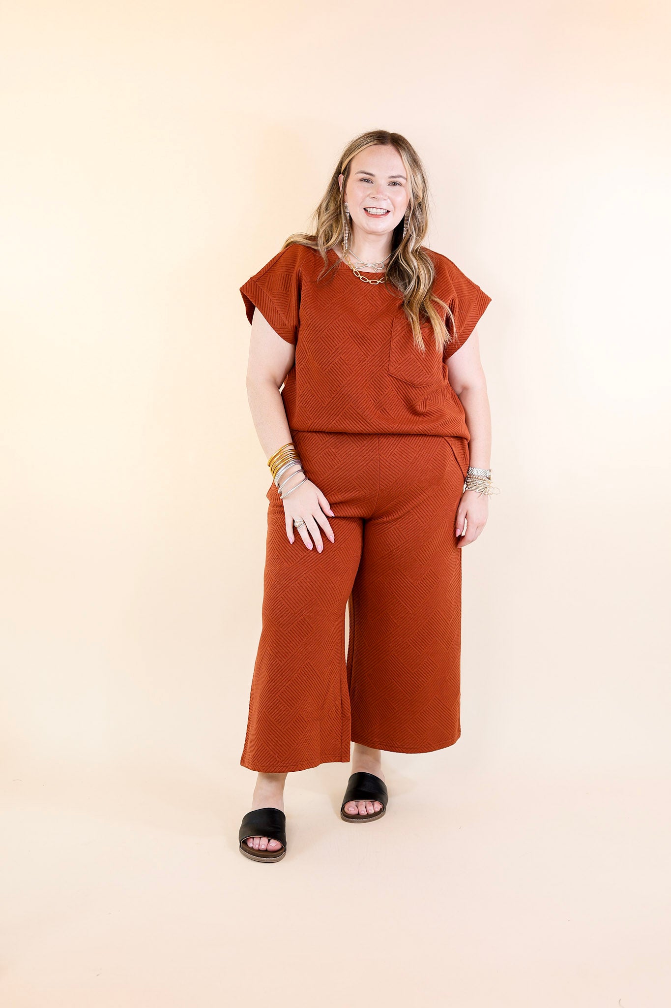 Glamour on the Go Textured Wide Leg Pant in Rust Orange