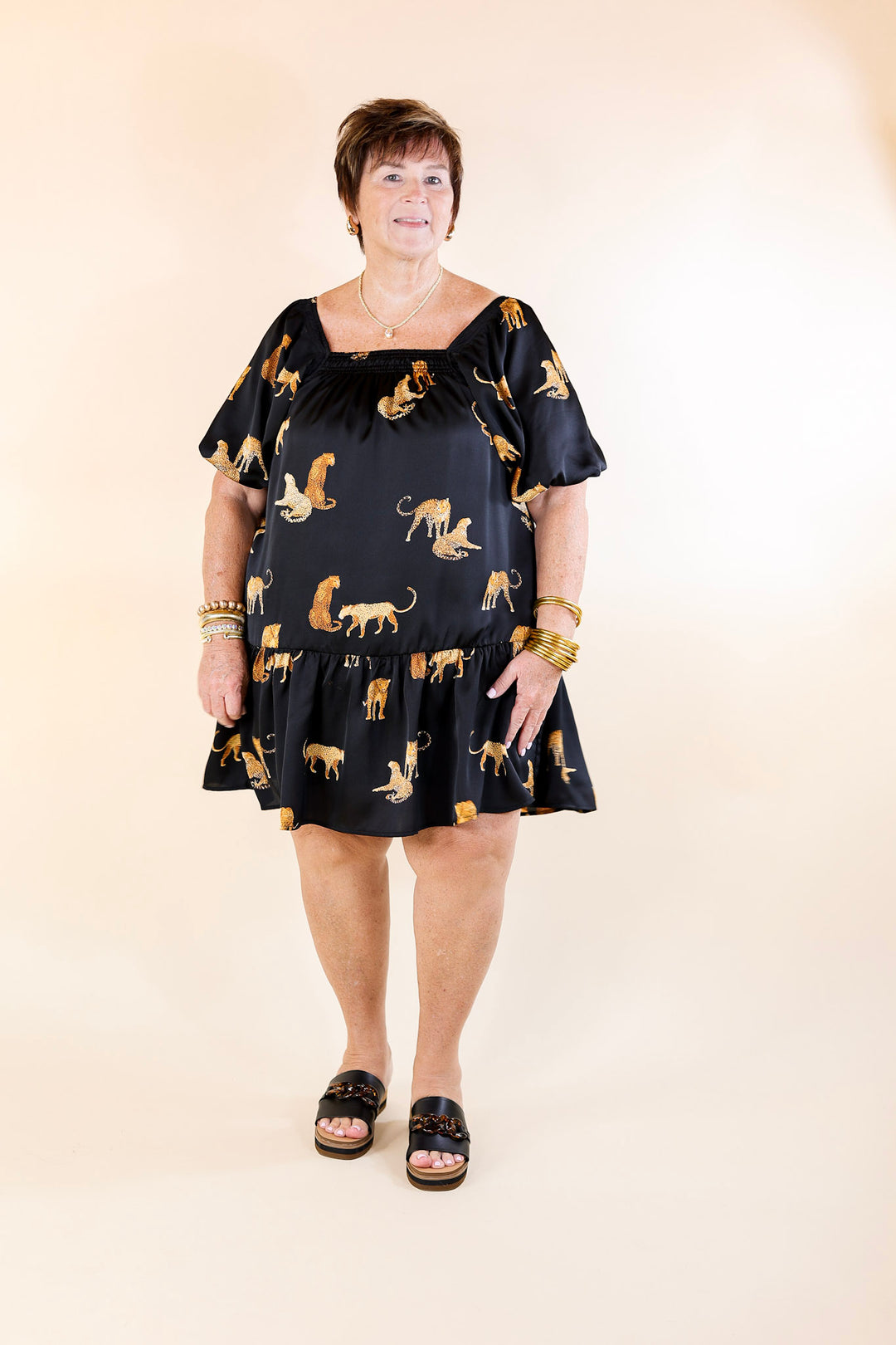 knee length dresses for ladies Blue Leopard Printed Satin Midi Dress – Needs No Label main image 1