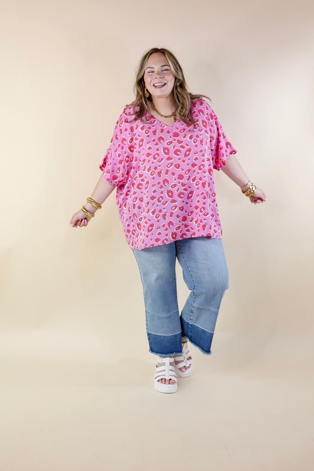 Majestic Moment V Neck Leopard Print Poncho Top in Pink - Giddy Up Glamour Boutique