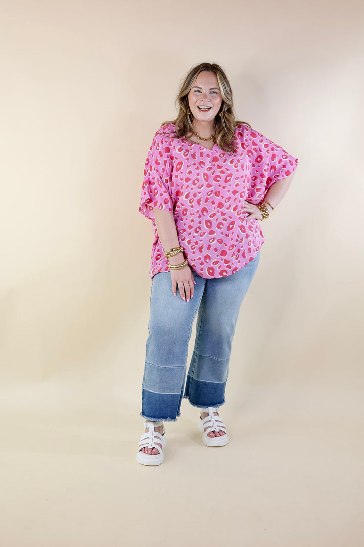 Majestic Moment V Neck Leopard Print Poncho Top in Pink - Giddy Up Glamour Boutique