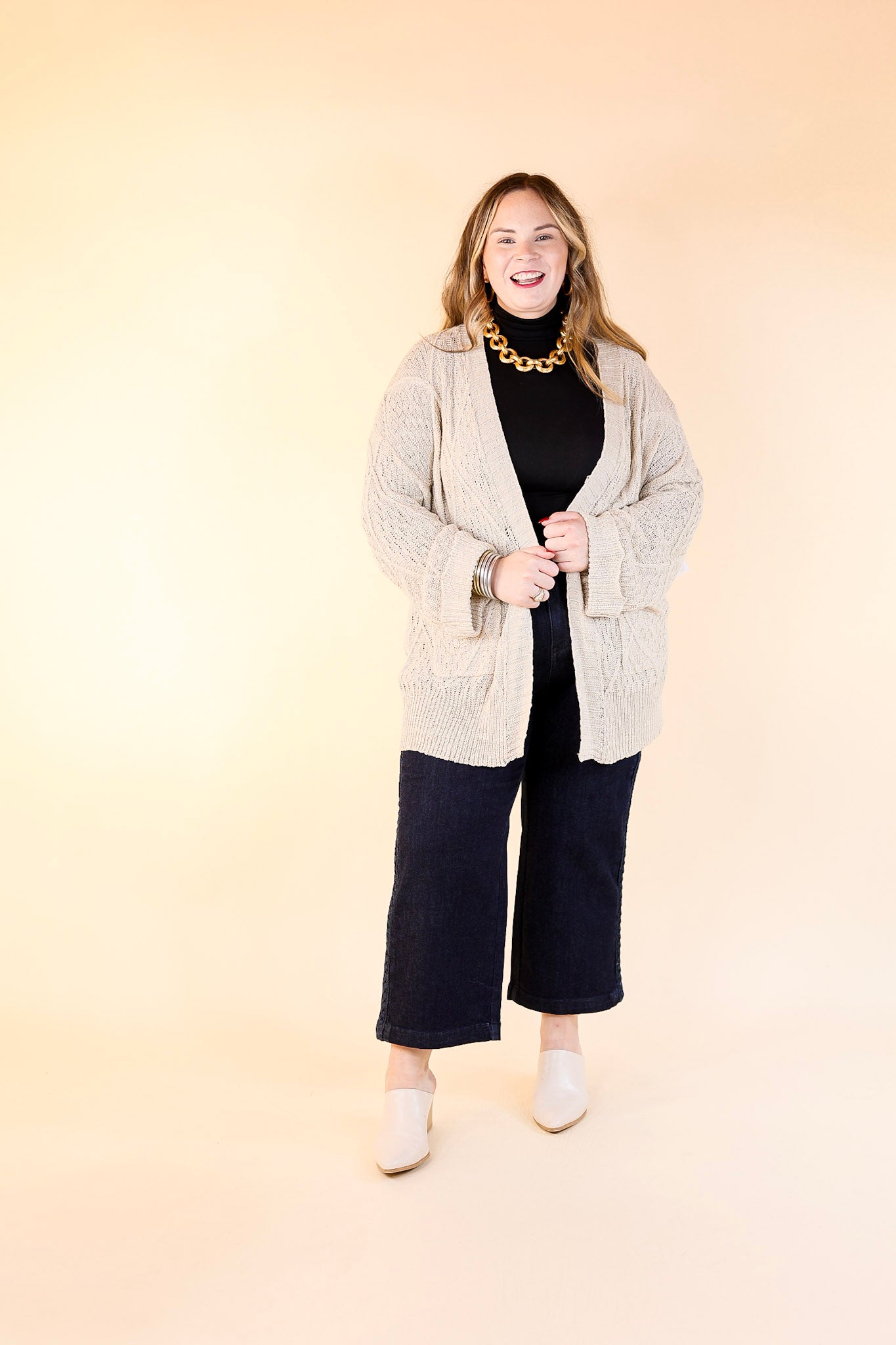 Fashionable Comfort Knit Cardigan with Pockets in Light Taupe