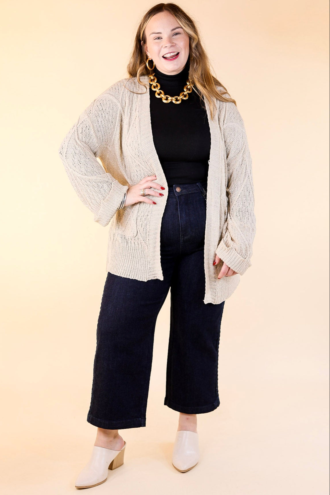 Fashionable Comfort Knit Cardigan with Pockets in Light Taupe