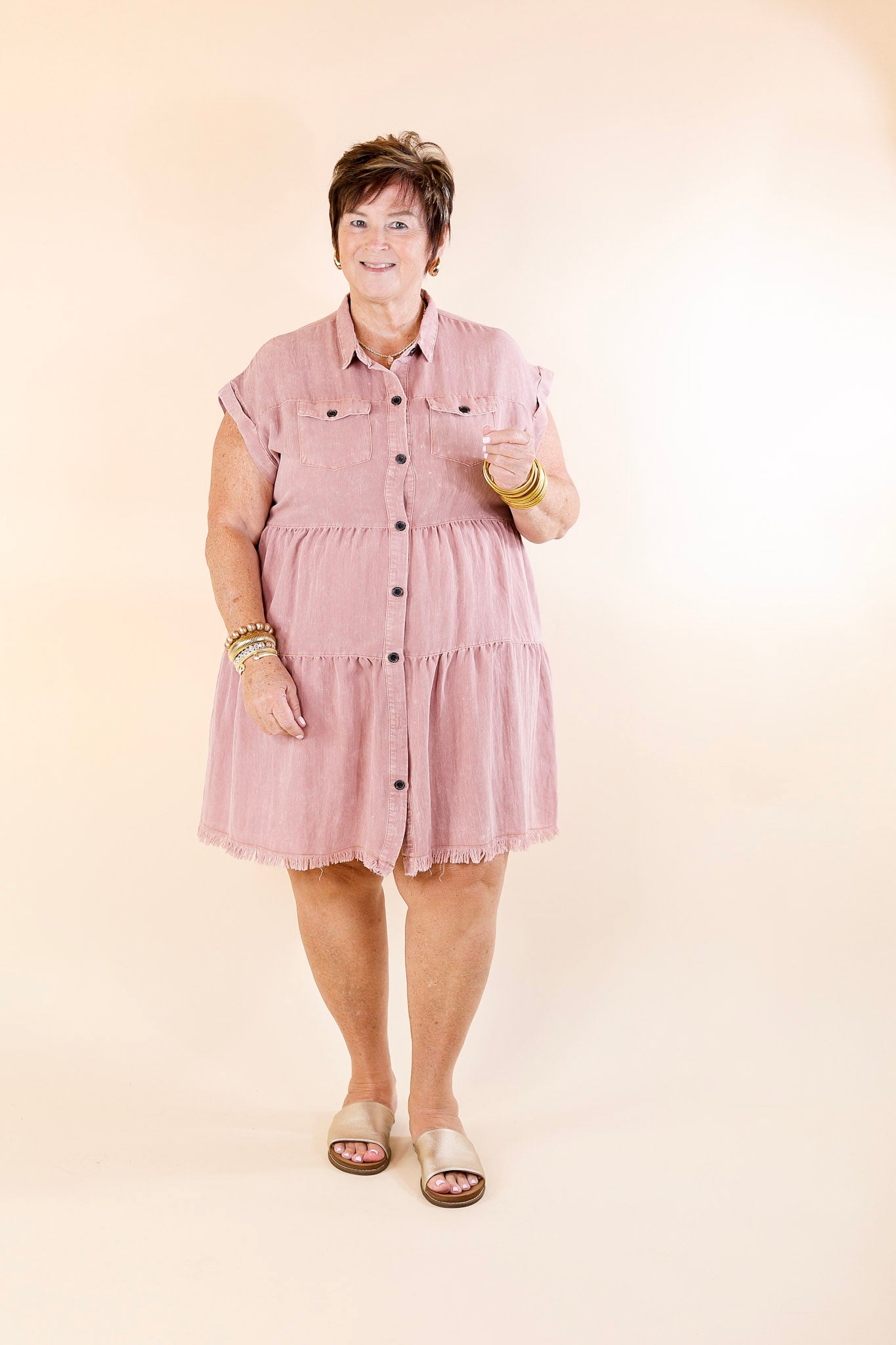 Plus Sizes | Oh Darling Ruffle Tiered Button Up Dress in Dark Mauve Pink