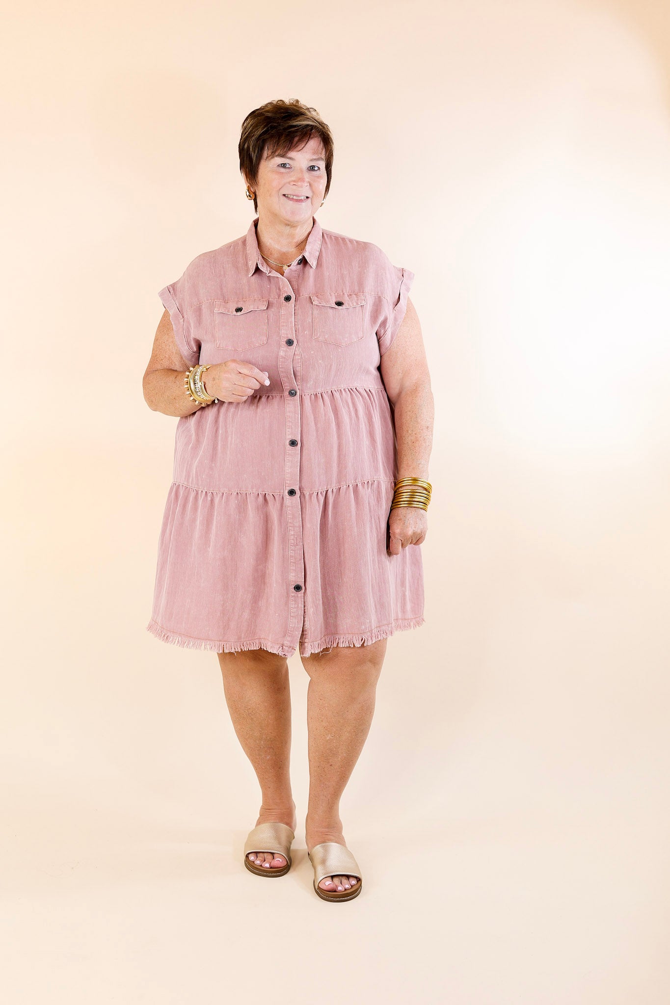 Plus Sizes | Oh Darling Ruffle Tiered Button Up Dress in Dark Mauve Pink