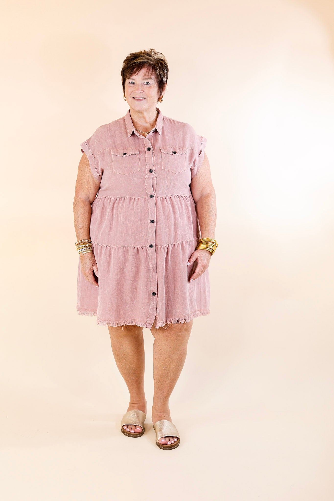 Plus Sizes | Oh Darling Ruffle Tiered Button Up Dress in Dark Mauve Pink