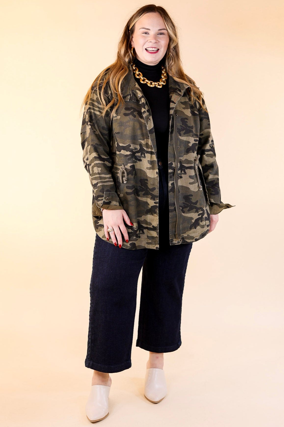 Colder Weather Button and Zip Up Utility Jacket in Camouflage