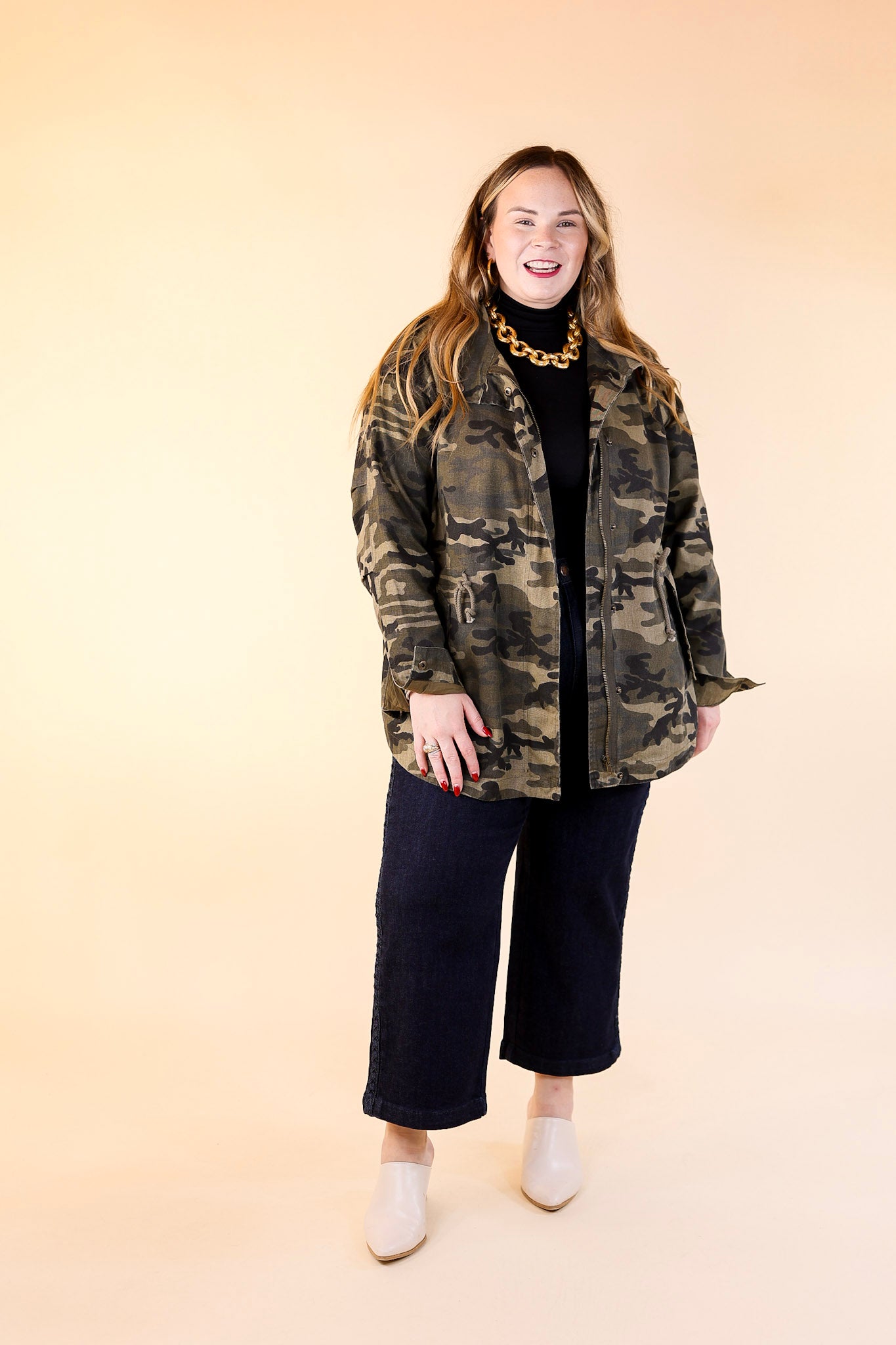 Colder Weather Button and Zip Up Utility Jacket in Camouflage