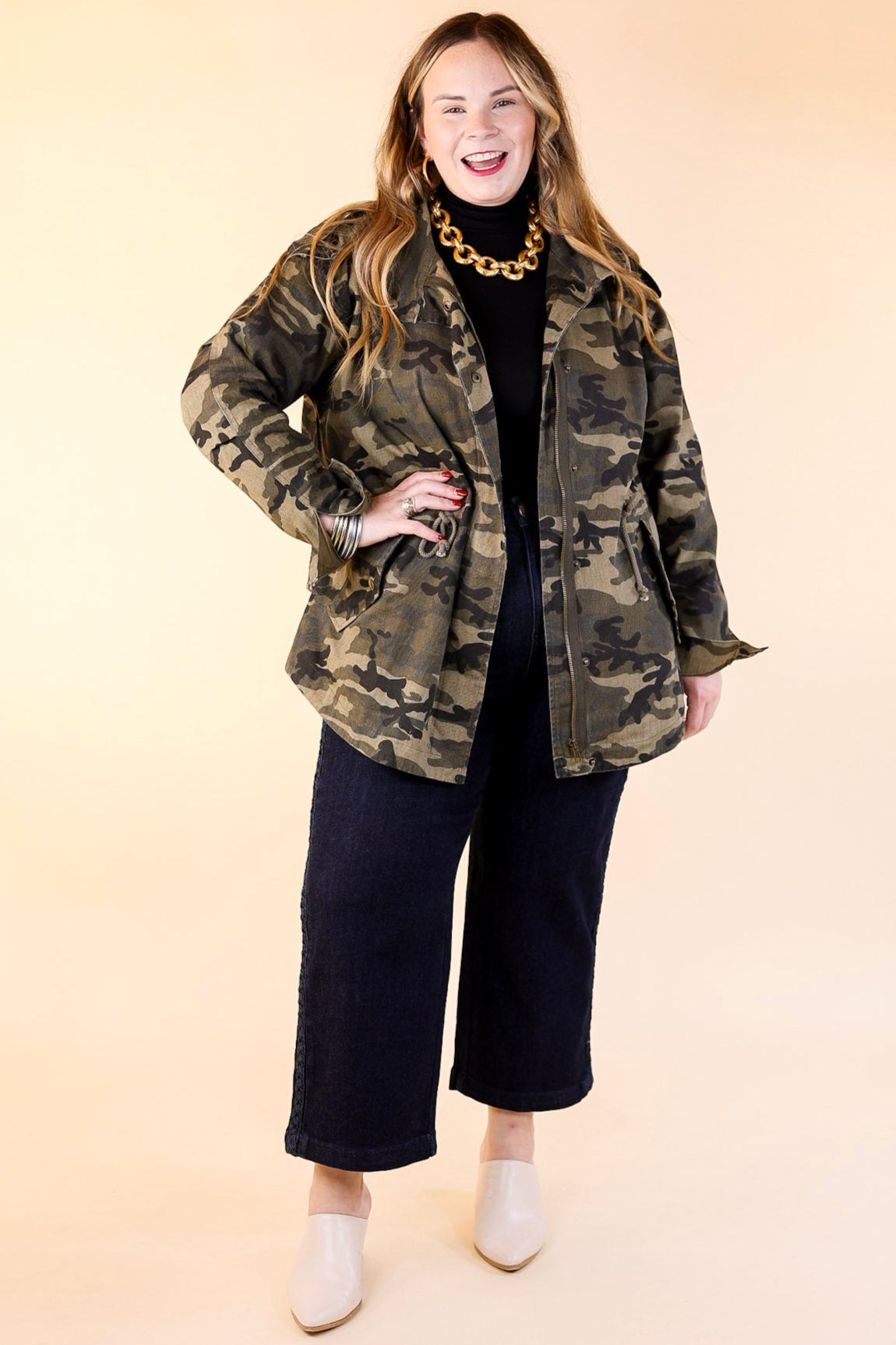 Colder Weather Button and Zip Up Utility Jacket in Camouflage