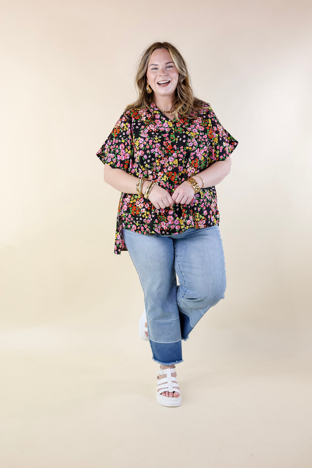 Adventure Awaits Floral Print Top with Collar in Black - Giddy Up Glamour Boutique