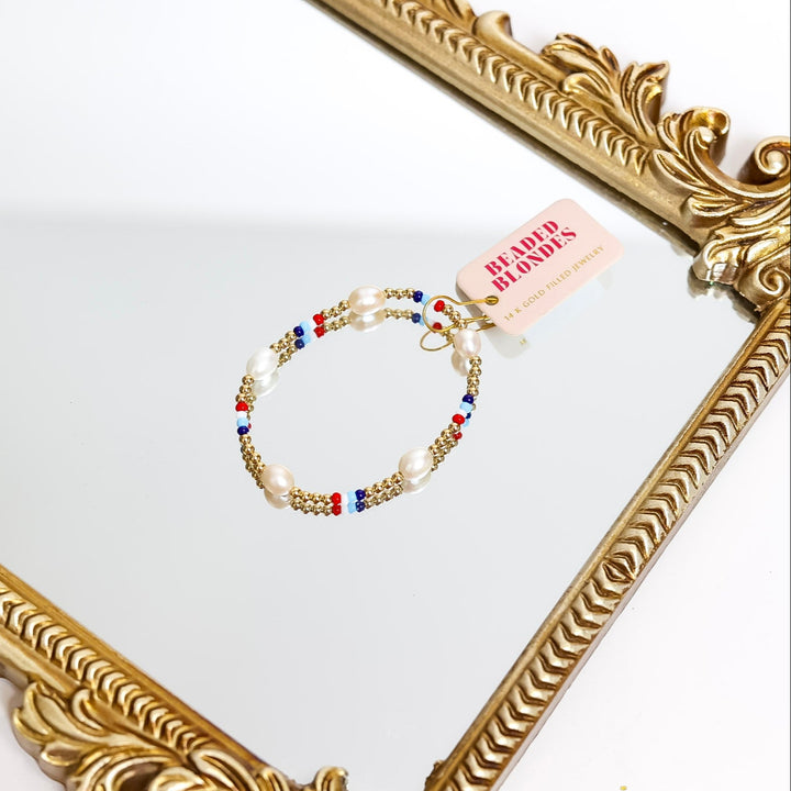 Beaded Blondes | Red, White & Blues Pearl Gold Stretchy Poppi Bracelet