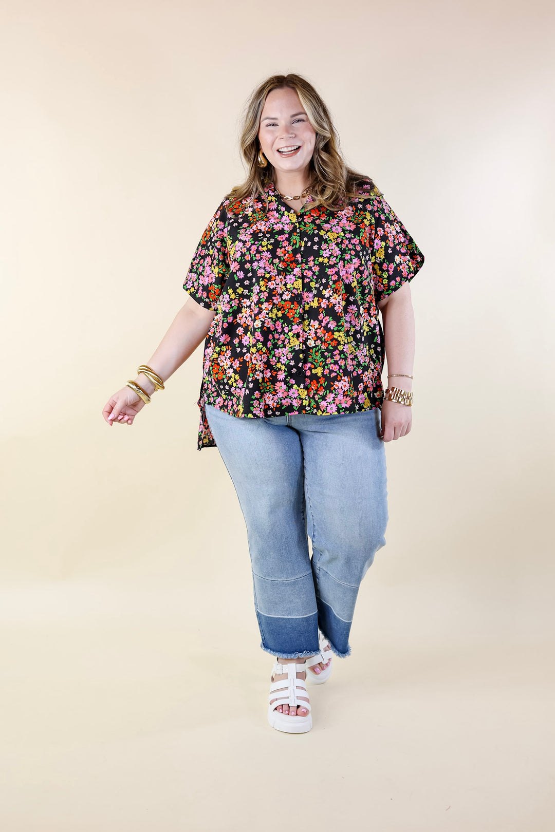 Adventure Awaits Floral Print Top with Collar in Black - Giddy Up Glamour Boutique