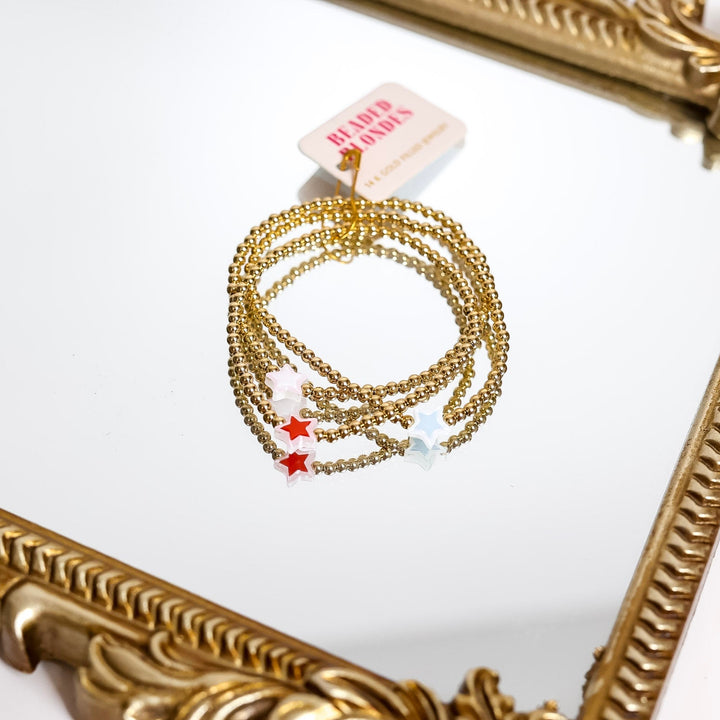 Beaded Blondes | Set of Three | Red, White & Blue Star Gold Stretchy Bracelet Stack