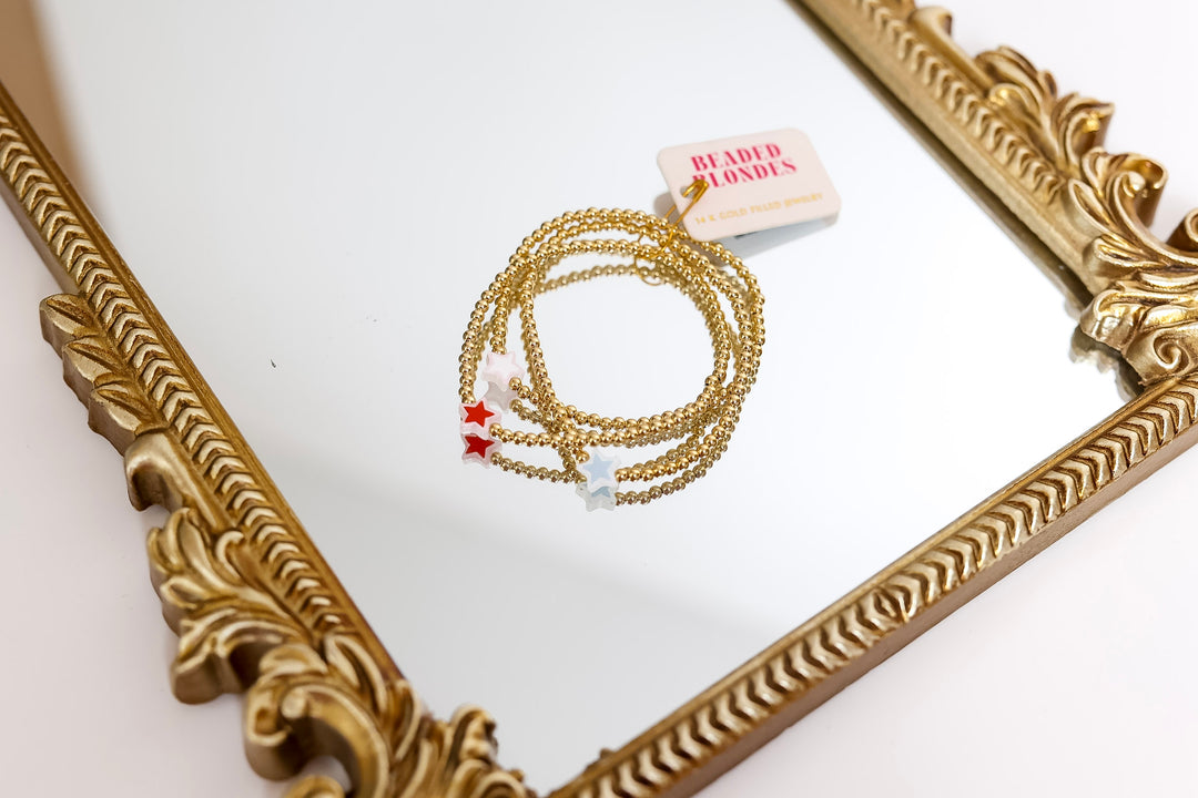 Beaded Blondes | Set of Three | Red, White & Blue Star Gold Stretchy Bracelet Stack