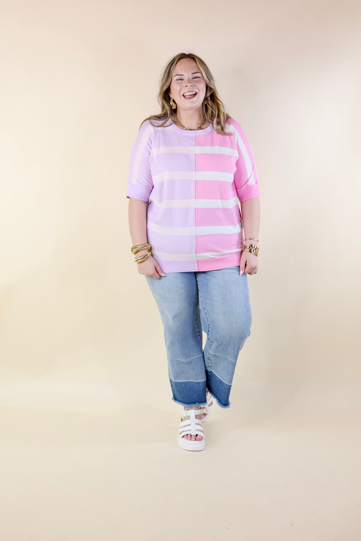 Urban Chic Color Block Striped Knit Top in Purple and Pink - Giddy Up Glamour Boutique