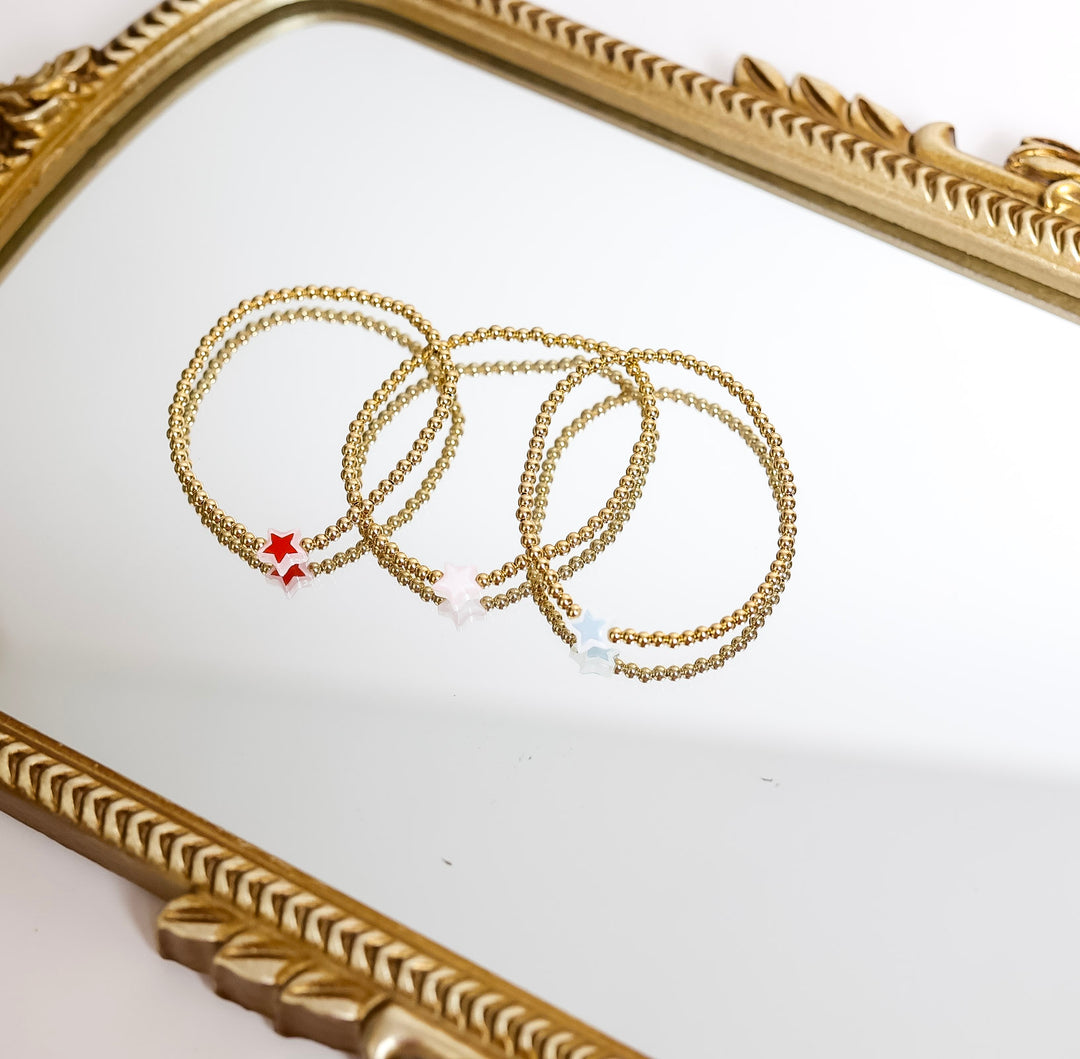 Beaded Blondes | Set of Three | Red, White & Blue Star Gold Stretchy Bracelet Stack