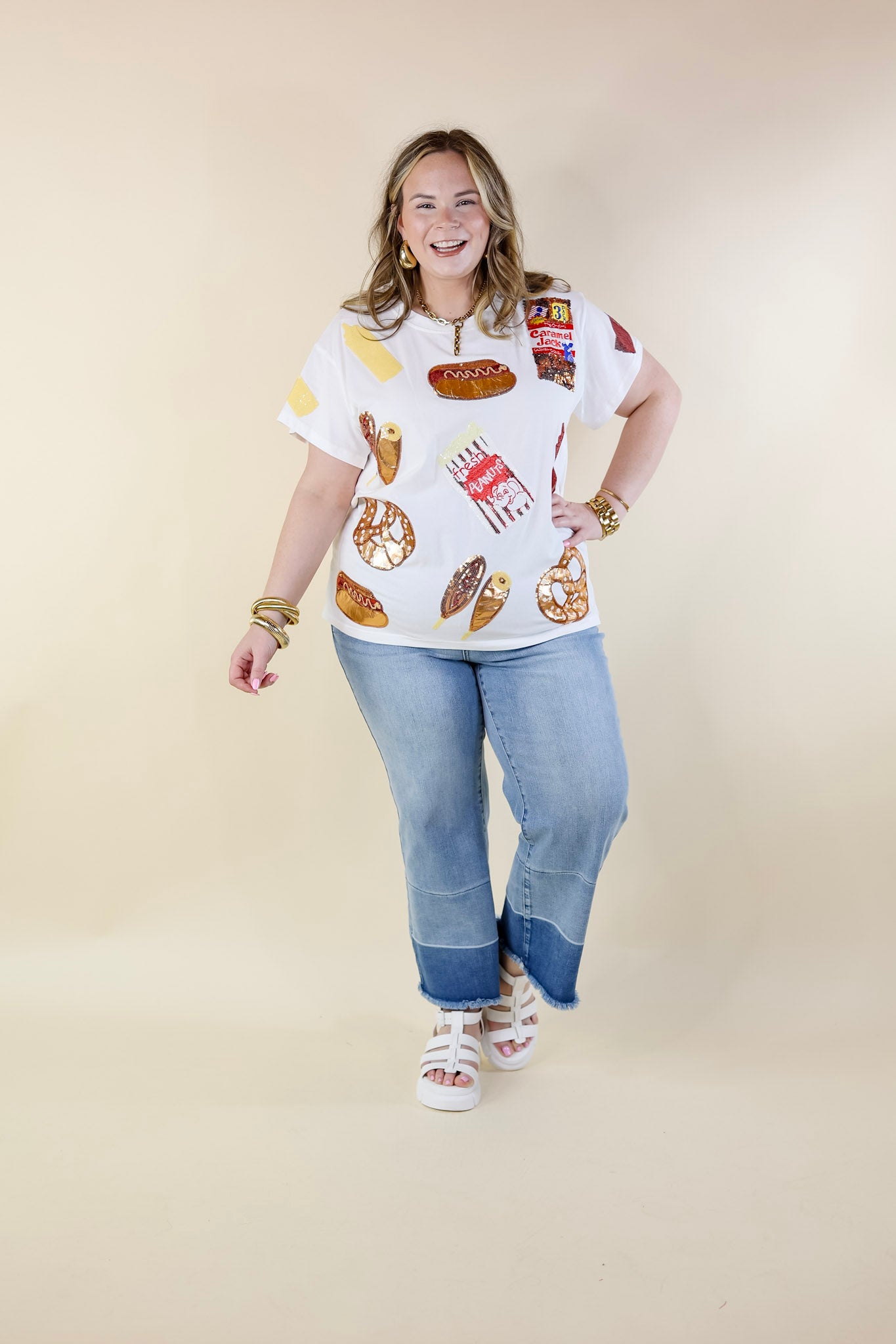 Queen Of Sparkles | Concession Couture Sequin Ballpark Foods Top in White - Giddy Up Glamour Boutique