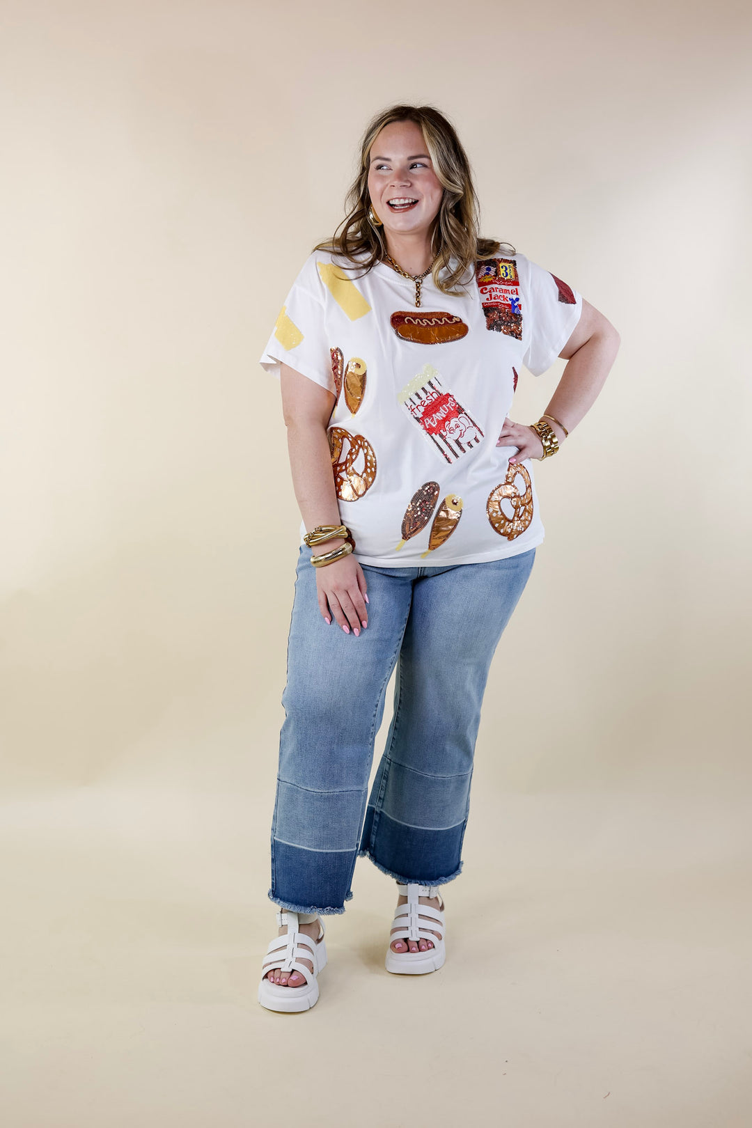 Queen Of Sparkles | Concession Couture Sequin Ballpark Foods Top in White - Giddy Up Glamour Boutique