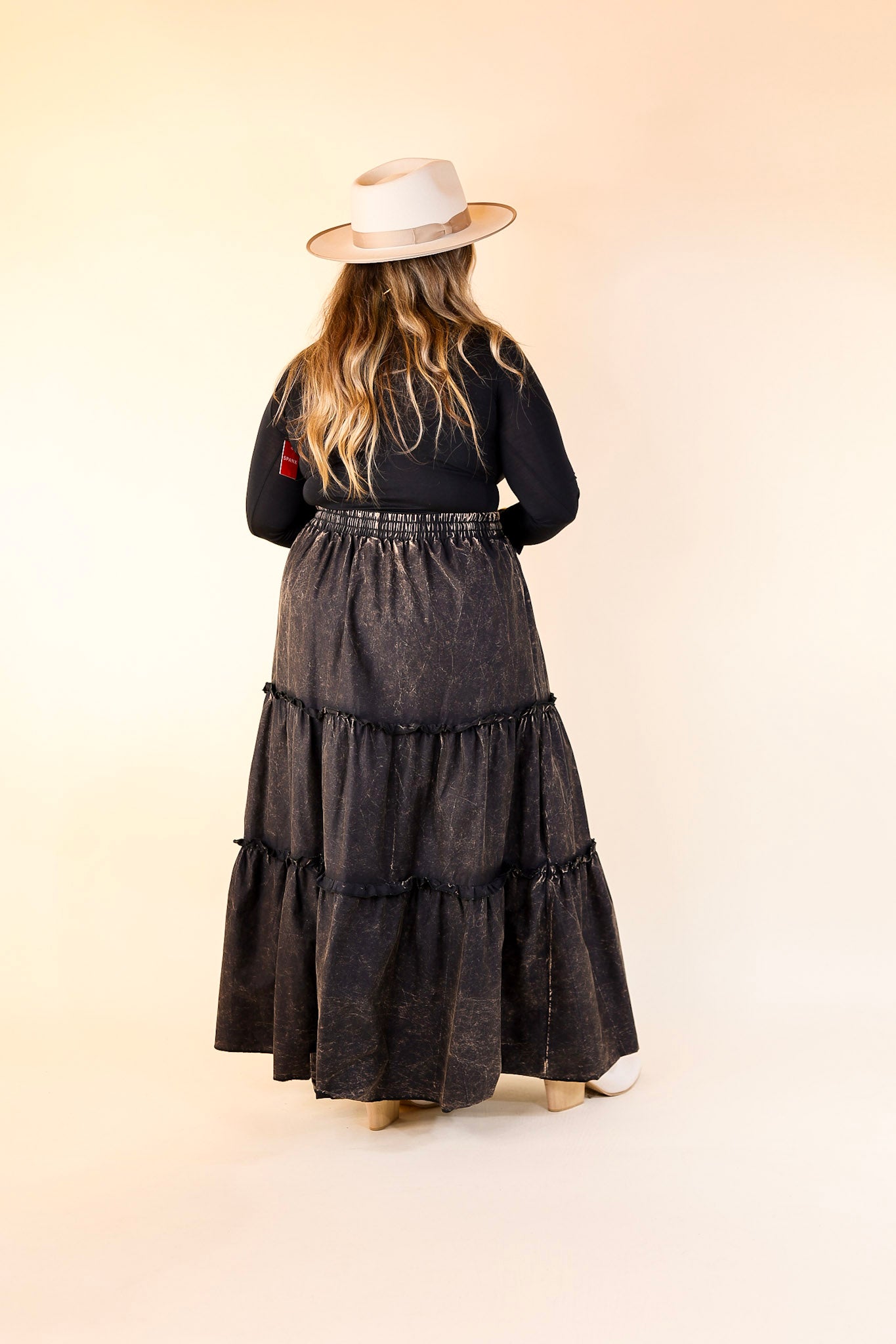 Boho Bliss Acid Wash Tiered Ruffle Maxi Skirt in Ash Black