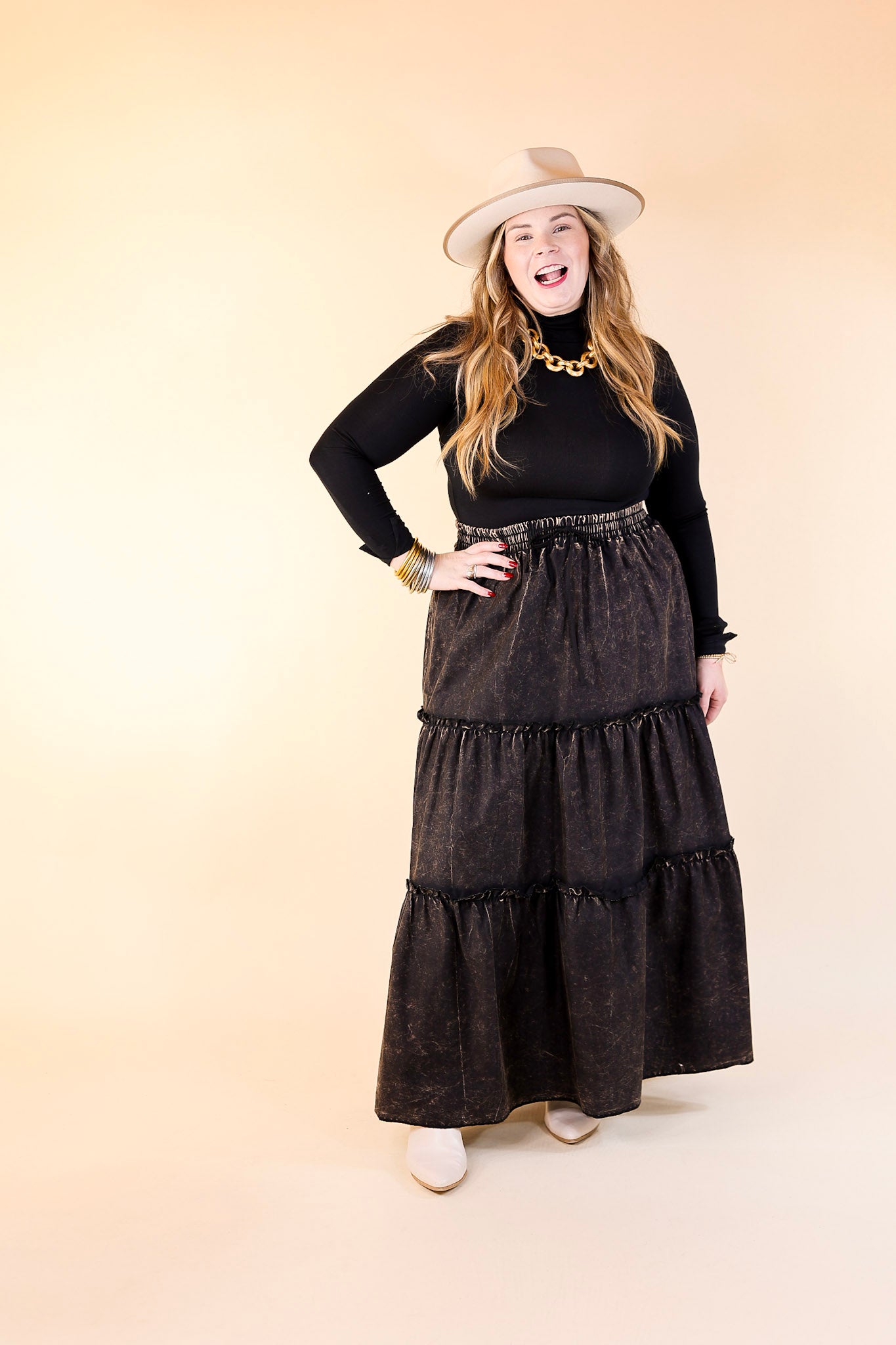 Boho Bliss Acid Wash Tiered Ruffle Maxi Skirt in Ash Black