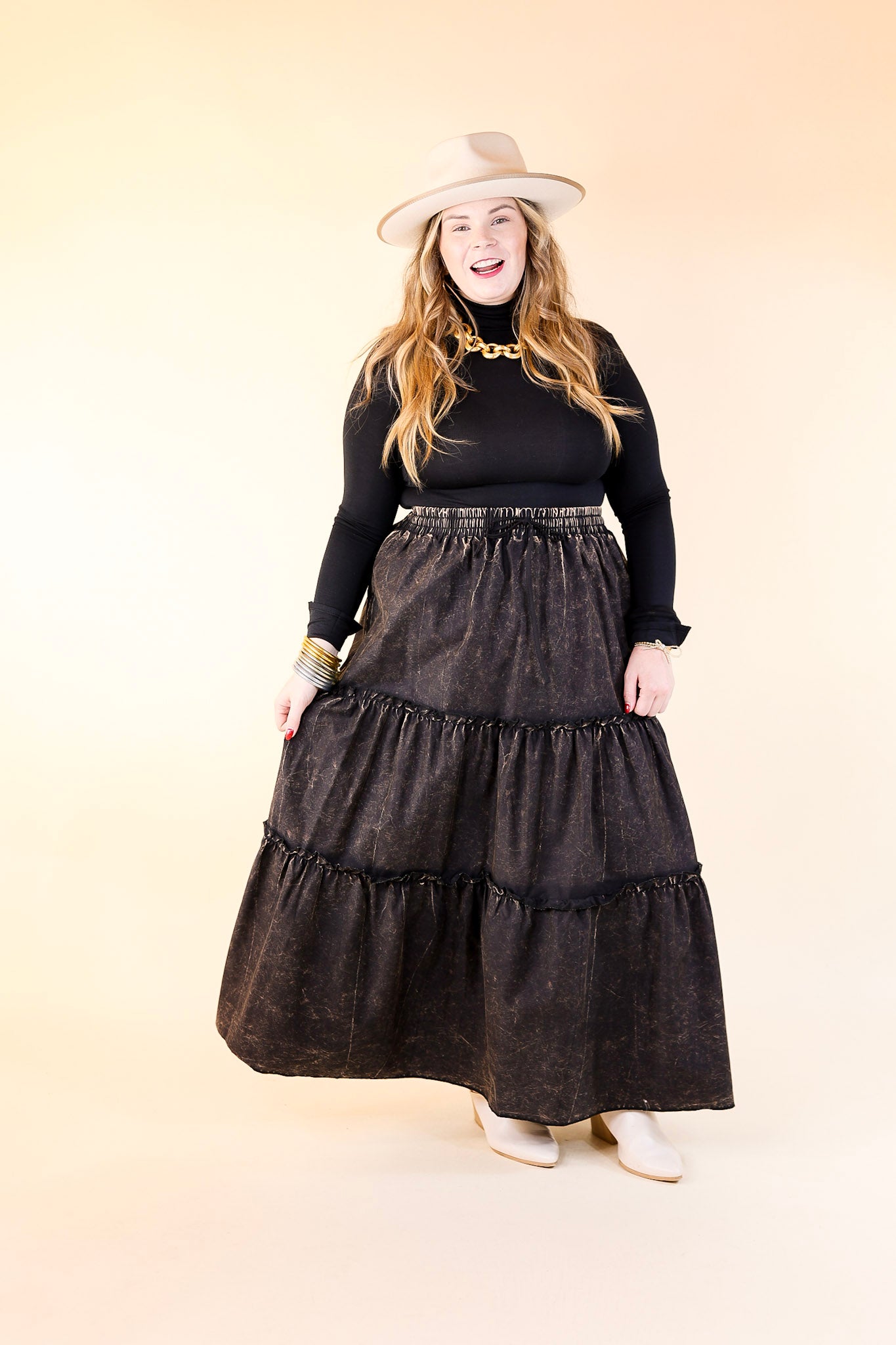 Boho Bliss Acid Wash Tiered Ruffle Maxi Skirt in Ash Black