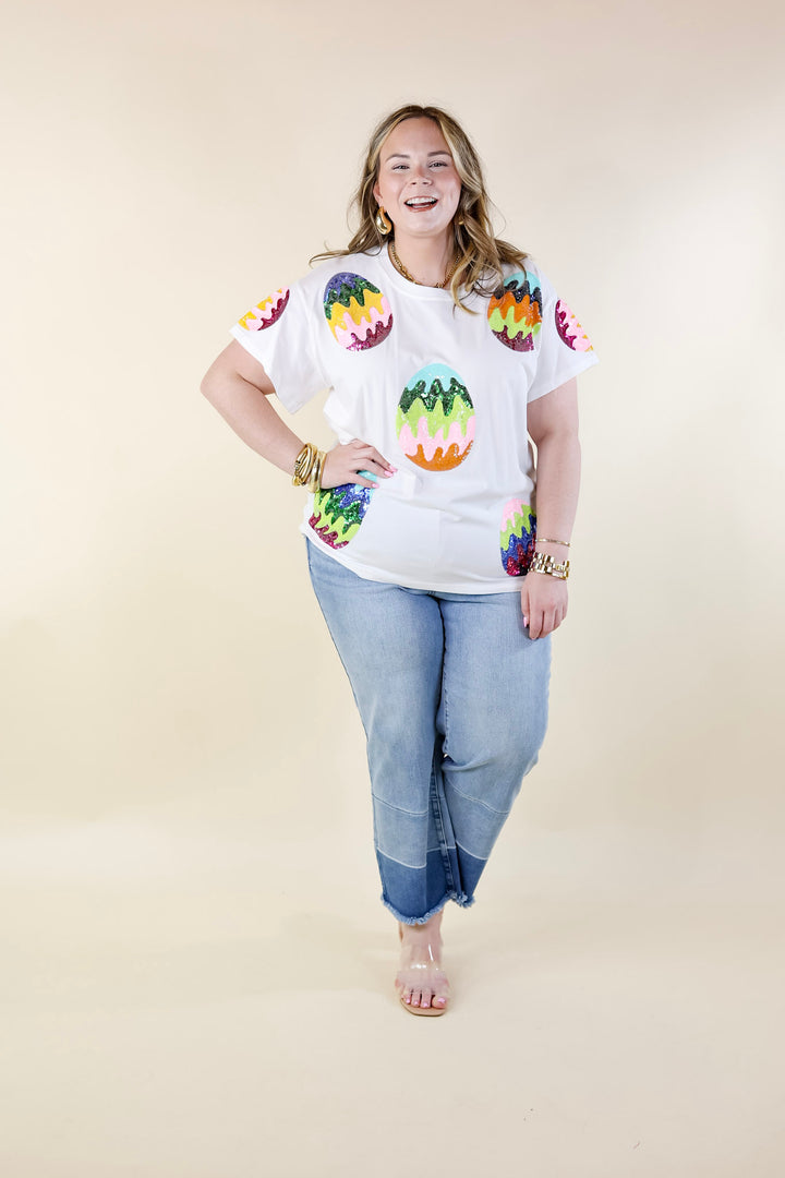 Queen Of Sparkles | Easter Elegance Sequin Egg Top in White - Giddy Up Glamour Boutique