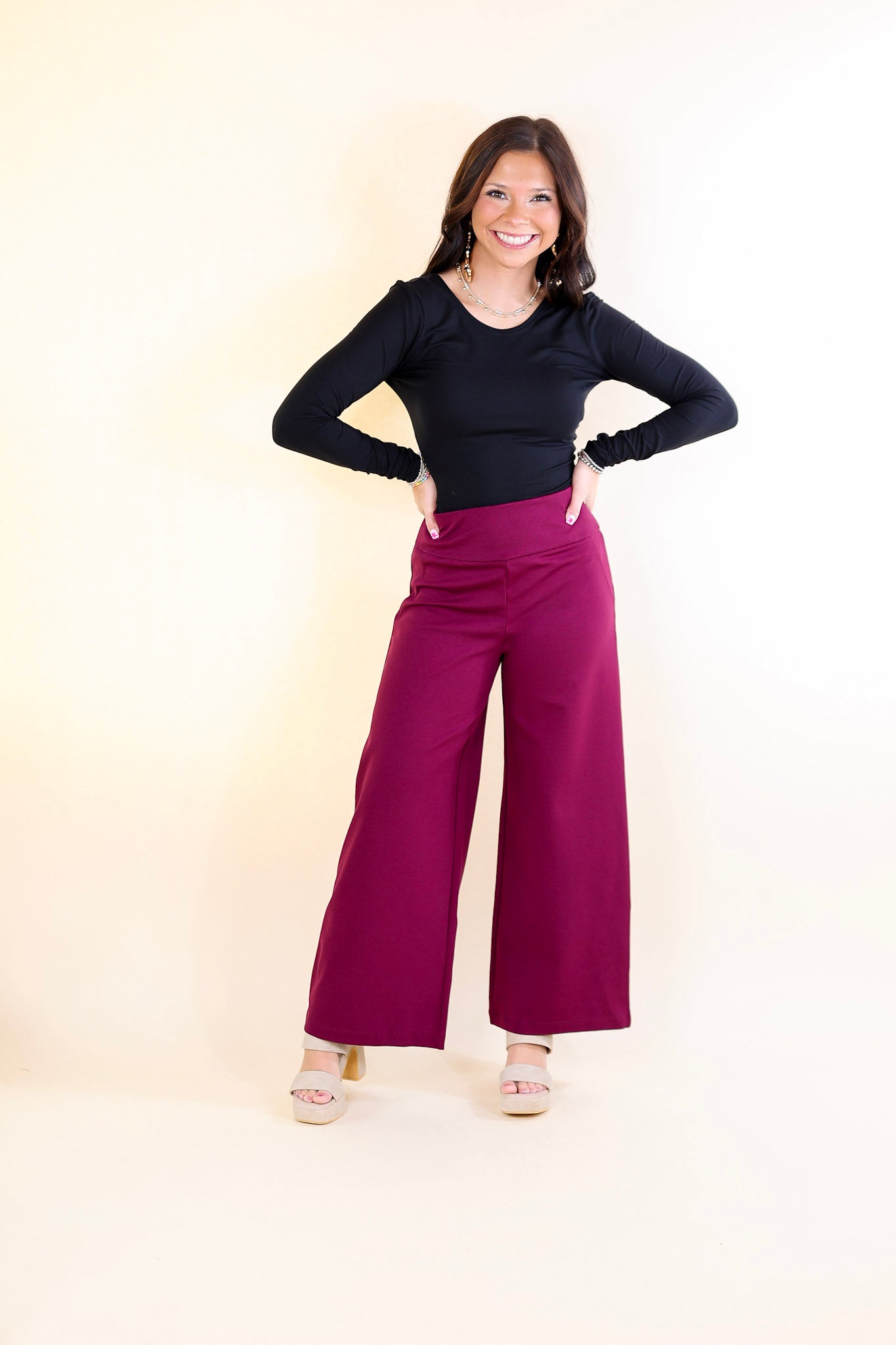 Confident Stride Cropped Wide Leg Pant in Wine Red