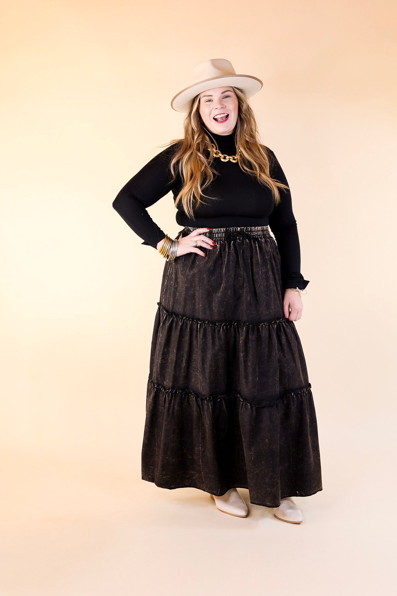 Boho Bliss Acid Wash Tiered Ruffle Maxi Skirt in Ash Black