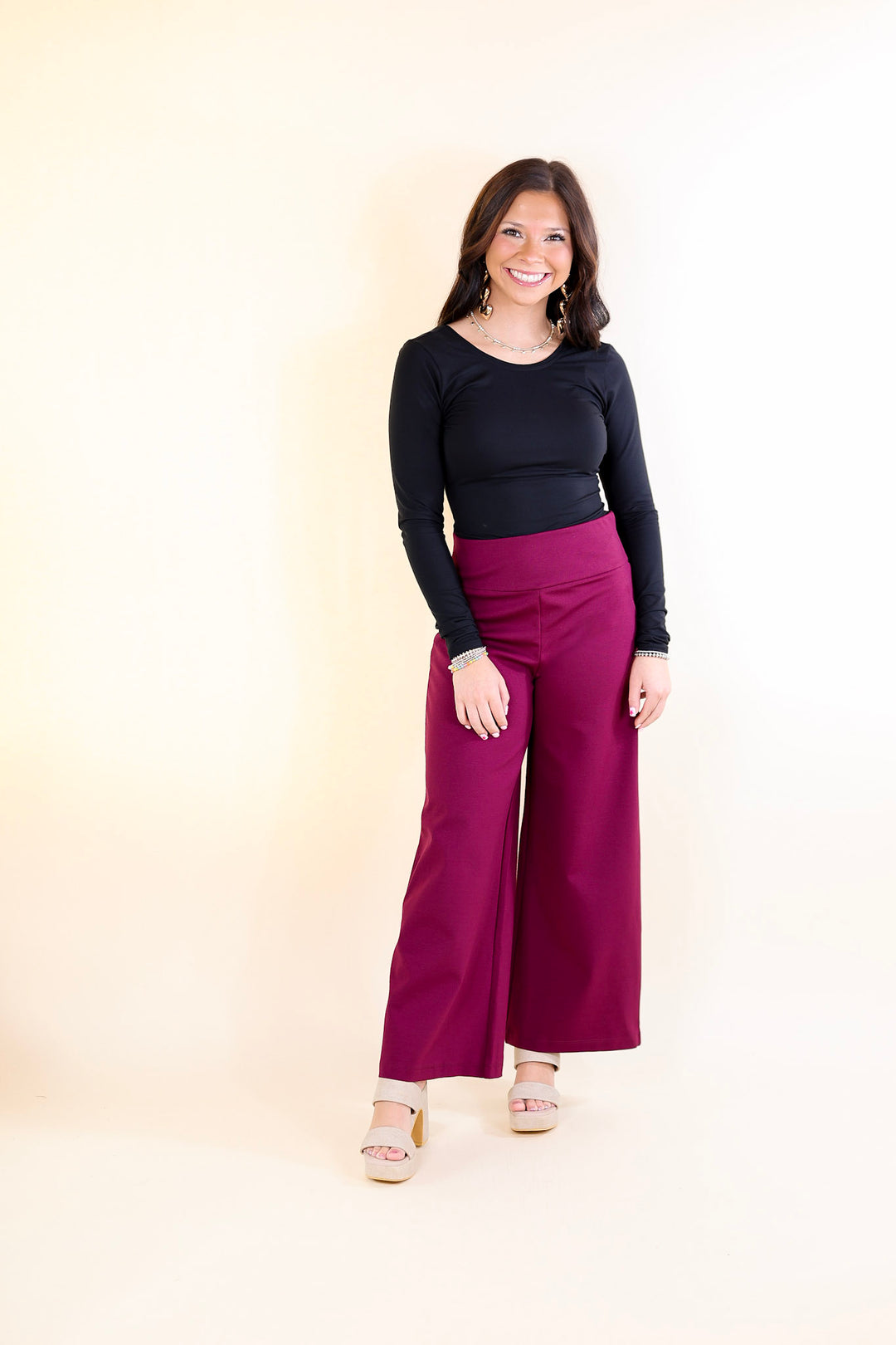 Confident Stride Cropped Wide Leg Pant in Wine Red (Maroon)
