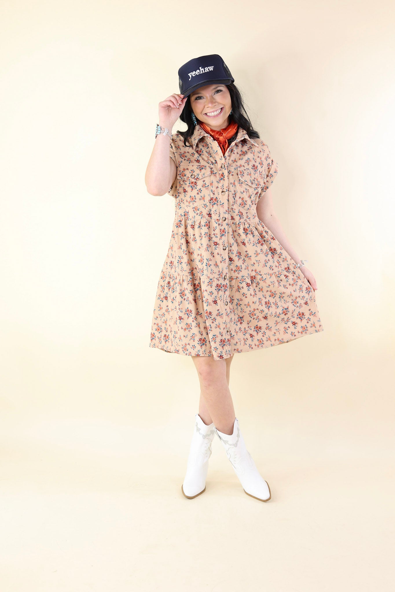 Latest Obsession Button Up Floral Corduroy Dress in Tan - Giddy Up Glamour Boutique