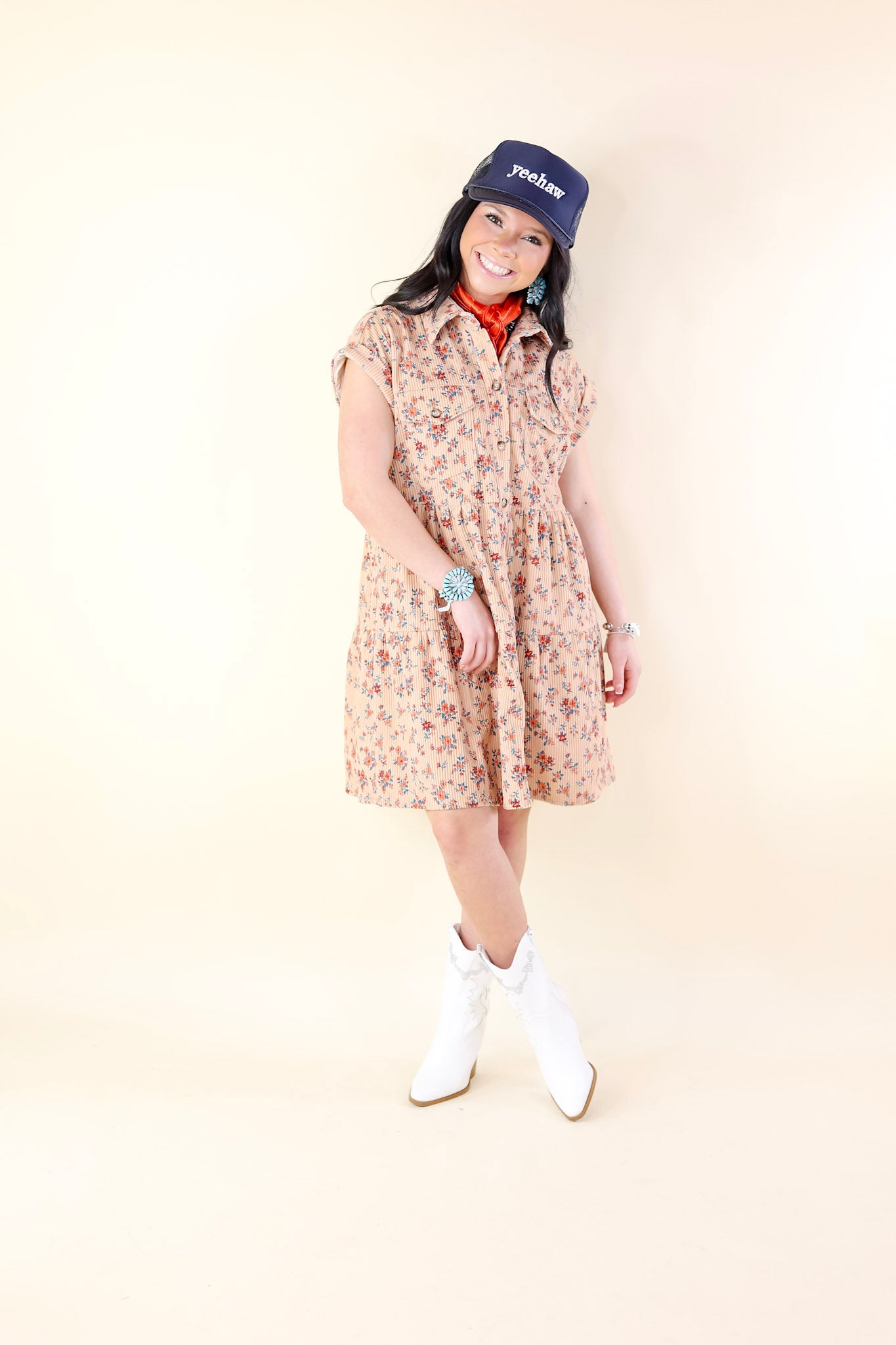 Latest Obsession Button Up Floral Corduroy Dress in Tan - Giddy Up Glamour Boutique