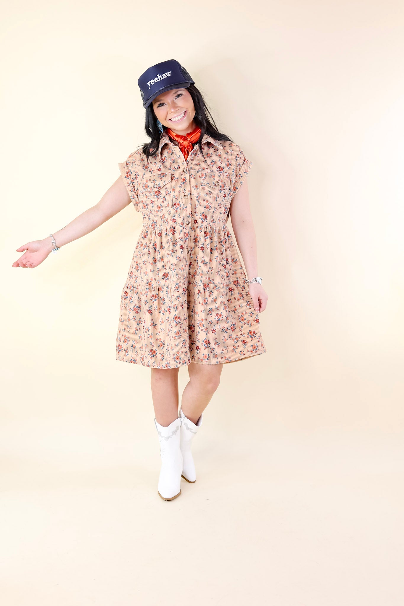 Latest Obsession Button Up Floral Corduroy Dress in Tan - Giddy Up Glamour Boutique