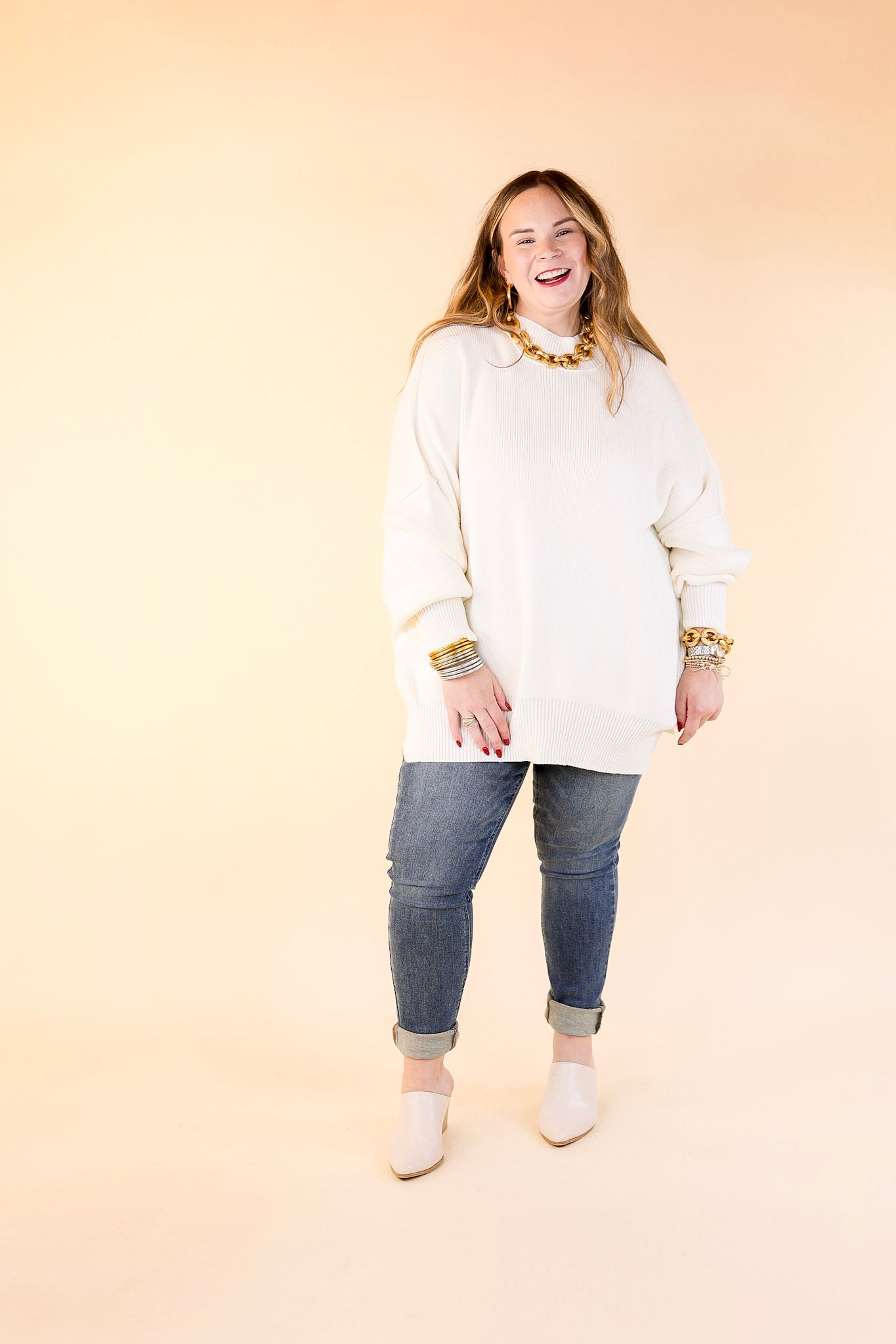 Snug and Stylish Mock Neck Sweater with Side Slit in Ivory