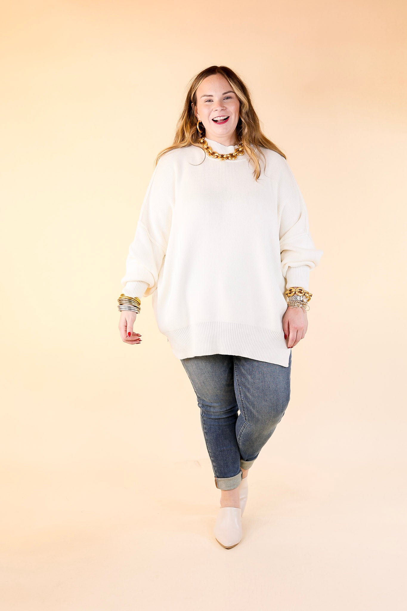 Snug and Stylish Mock Neck Sweater with Side Slit in Ivory