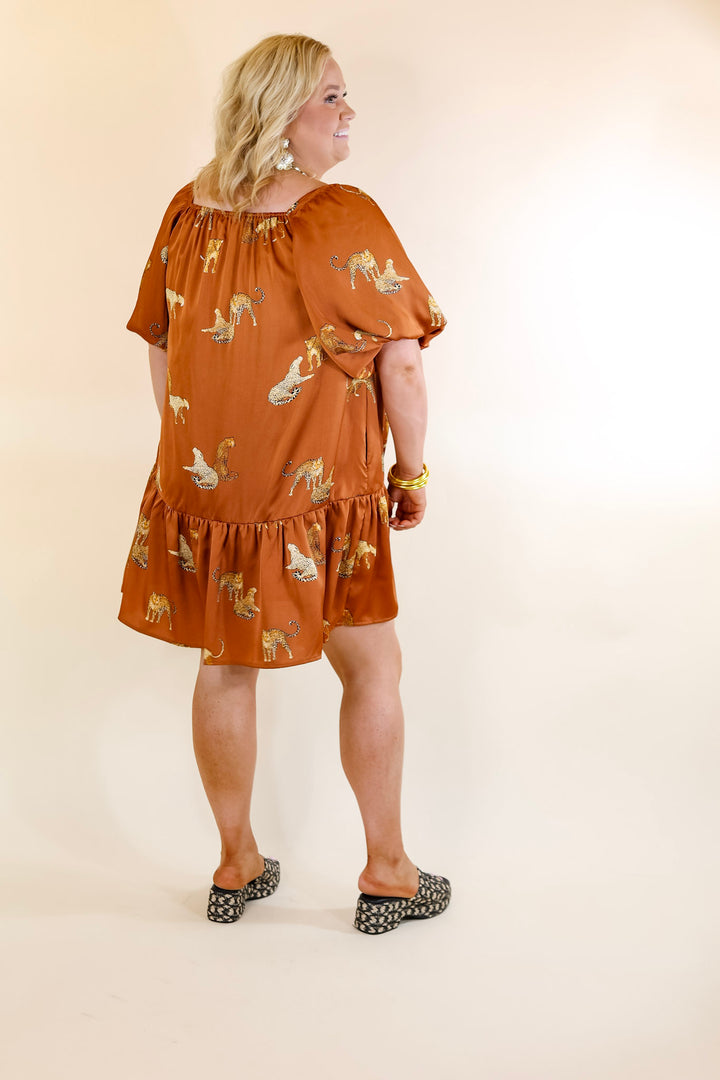 Flirting For Fun Leopard Print Satin Midi Dress in Camel Brown