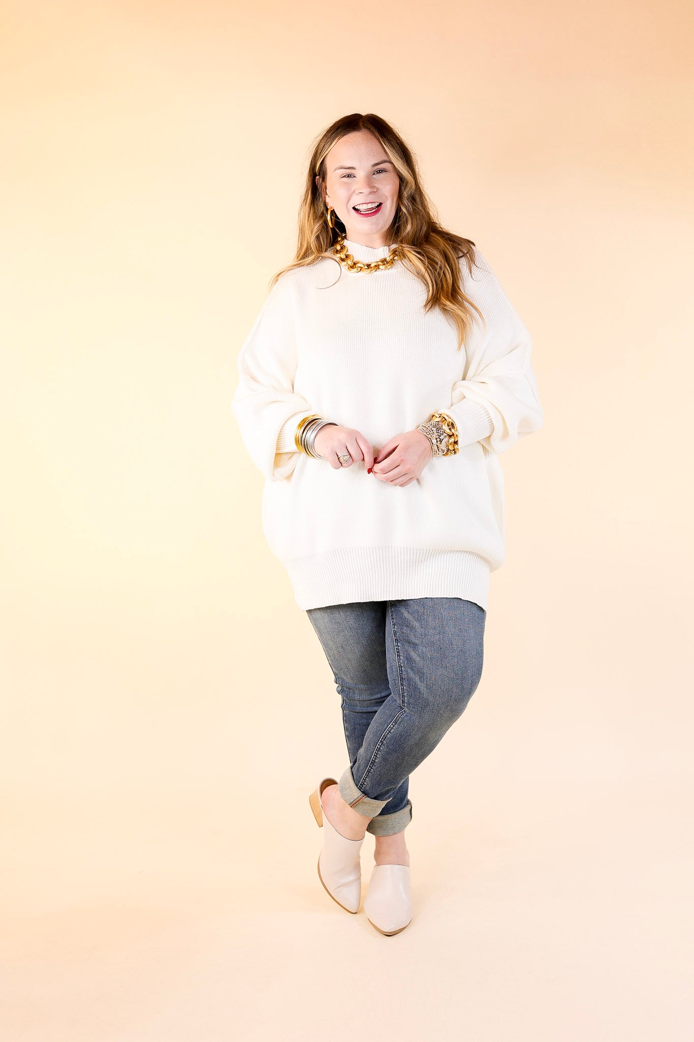 Snug and Stylish Mock Neck Sweater with Side Slit in Ivory