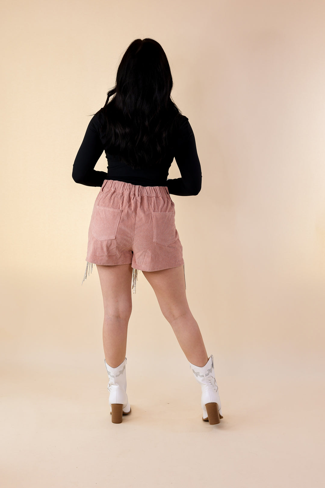 Saddle Up Crystal Fringe Corduroy Shorts in Mauve Pink - Giddy Up Glamour Boutique
