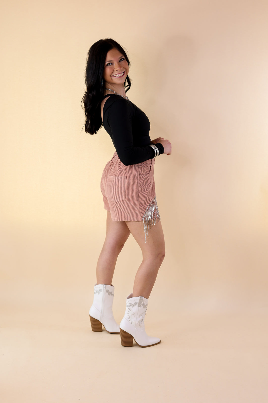 Saddle Up Crystal Fringe Corduroy Shorts in Mauve Pink - Giddy Up Glamour Boutique
