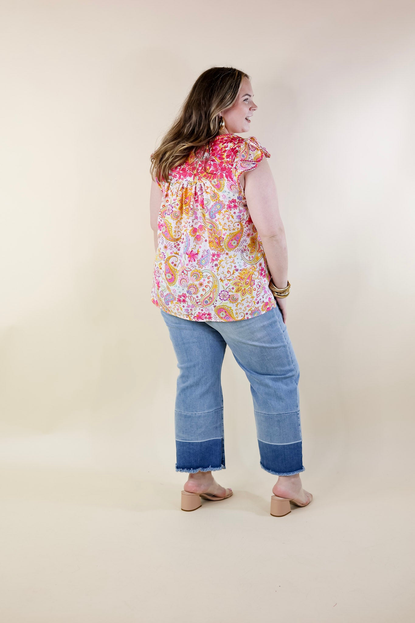 Serene Splendor Paisley Print Top with Pink Floral Embroidery in White - Giddy Up Glamour Boutique
