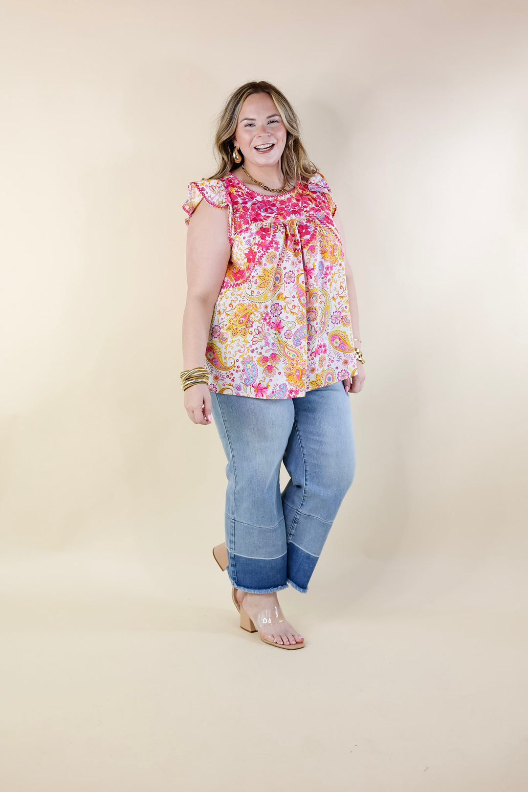 Serene Splendor Paisley Print Top with Pink Floral Embroidery in White - Giddy Up Glamour Boutique
