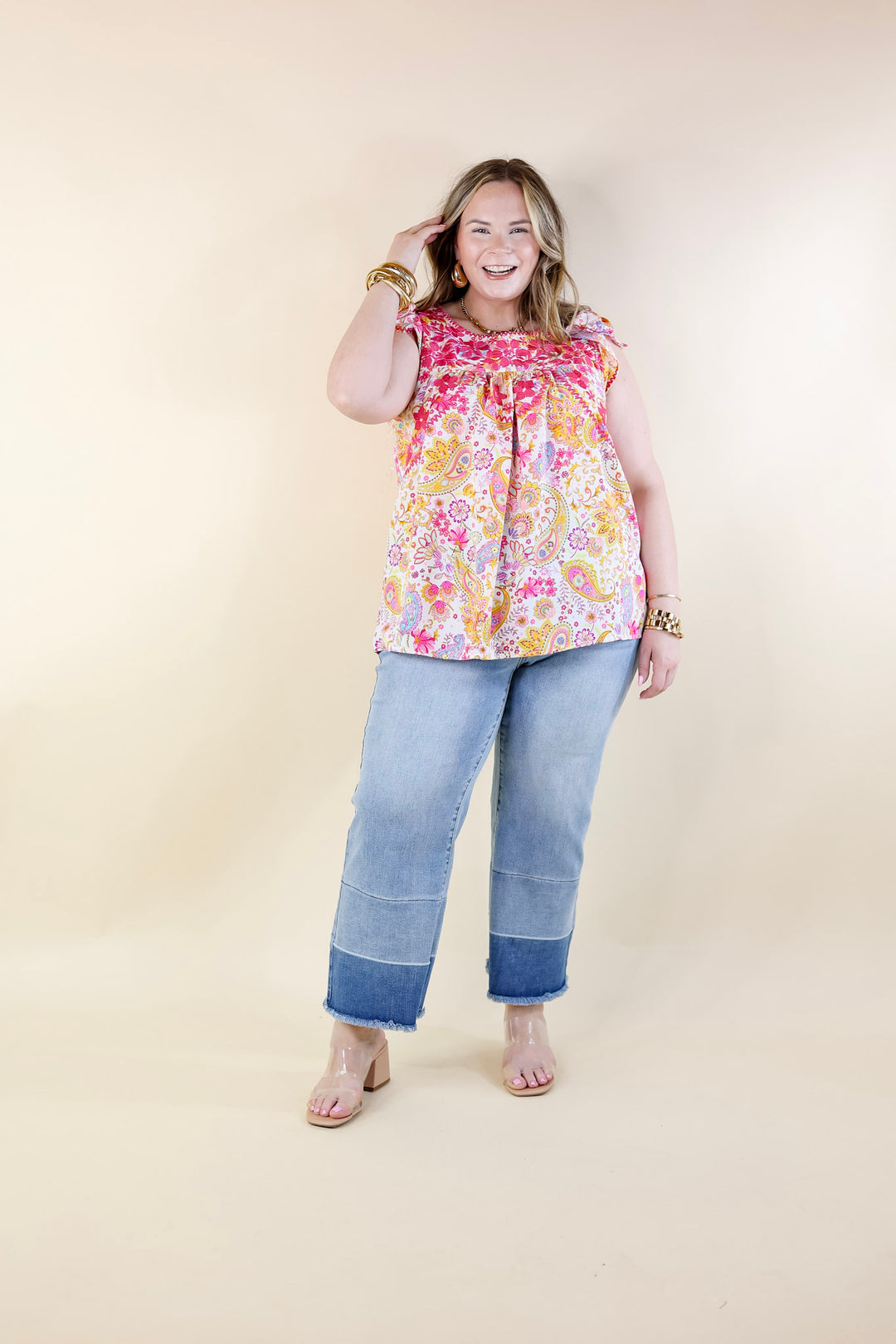 Serene Splendor Paisley Print Top with Pink Floral Embroidery in White - Giddy Up Glamour Boutique